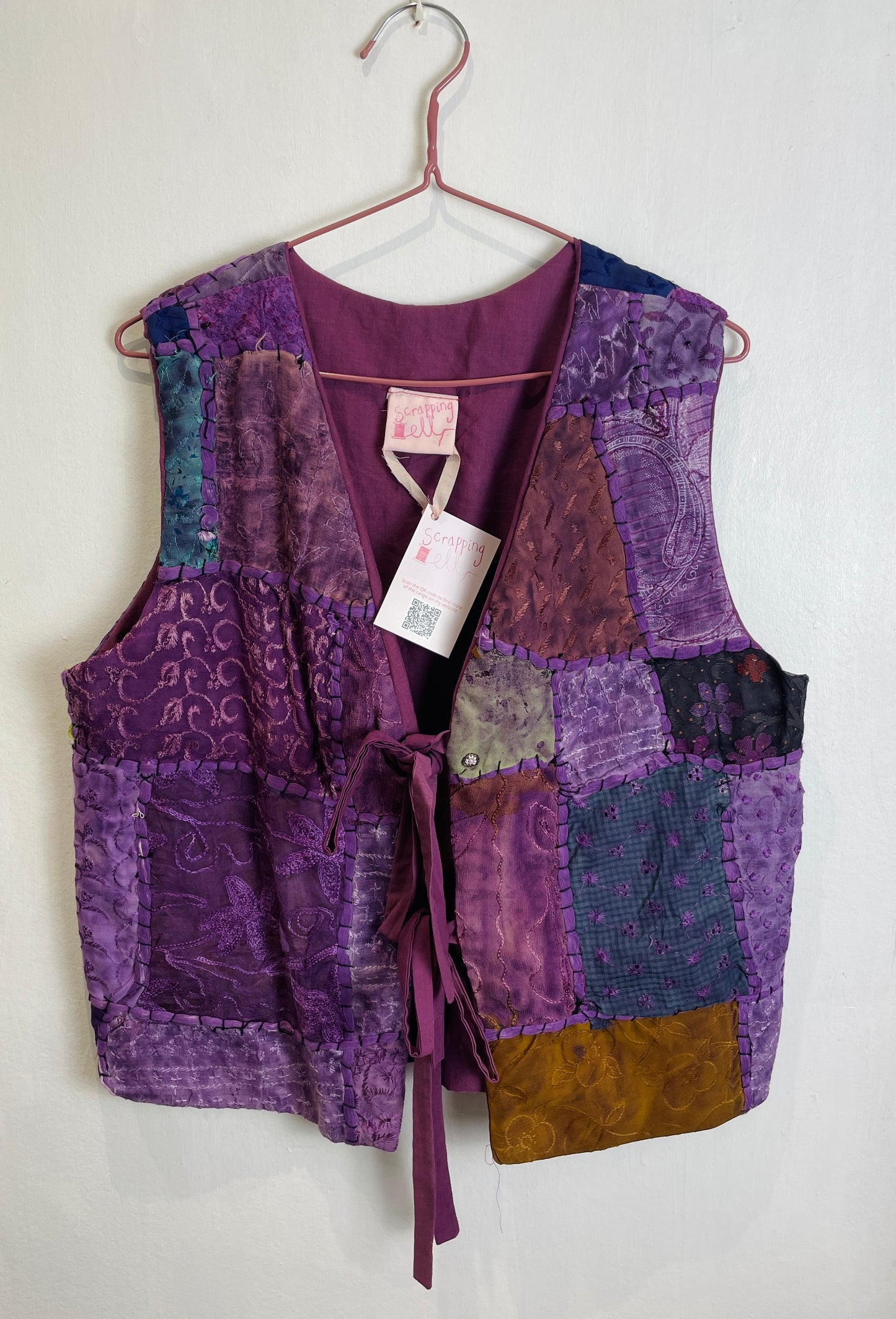 Zoe Handmade Purple Floral Patchwork Embroidered Tie Front Vest Top - Up To Size 12