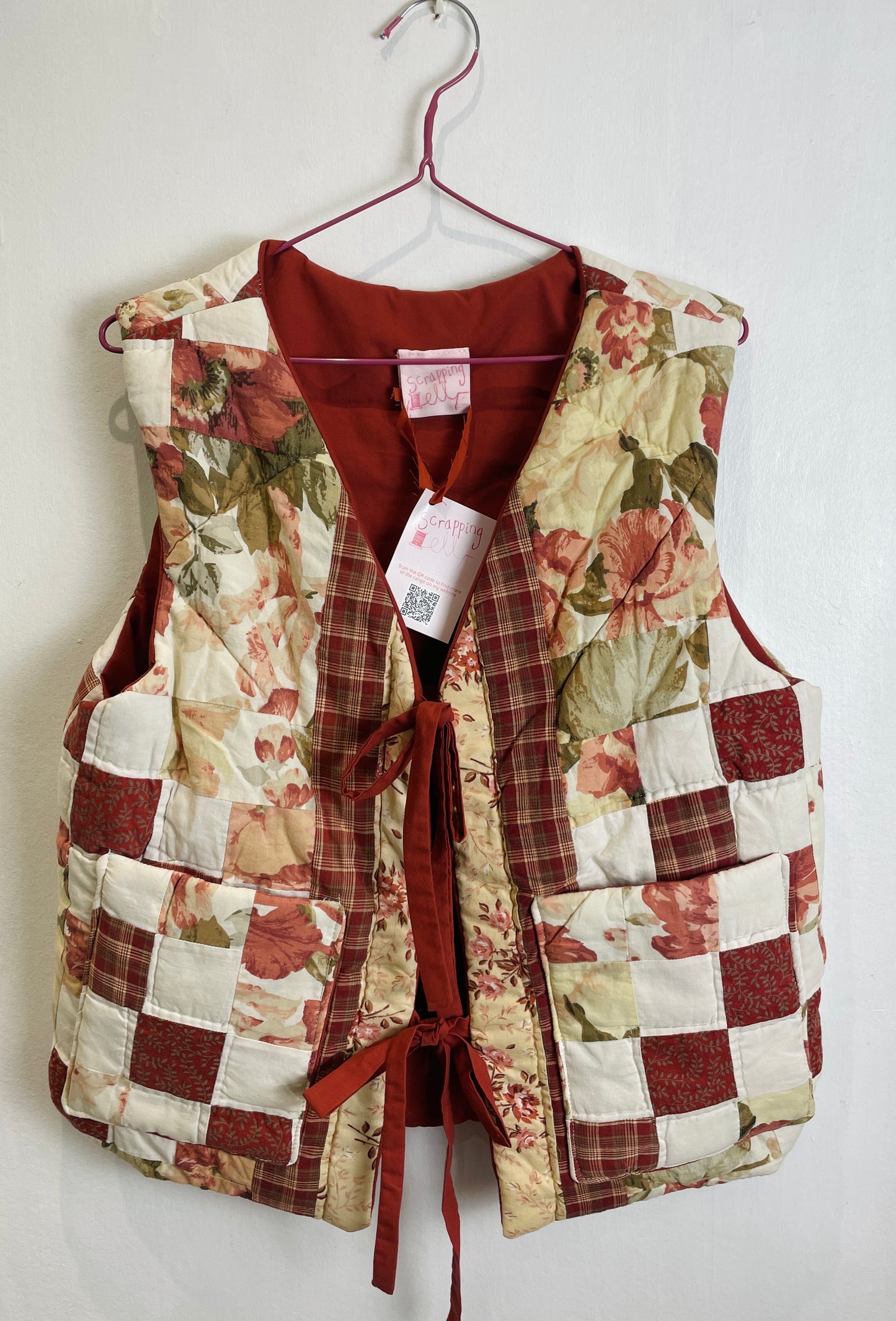 Zoe Handmade Red Floral Patchwork Tie Front Quilted Vest Gilet - Up To Size 12