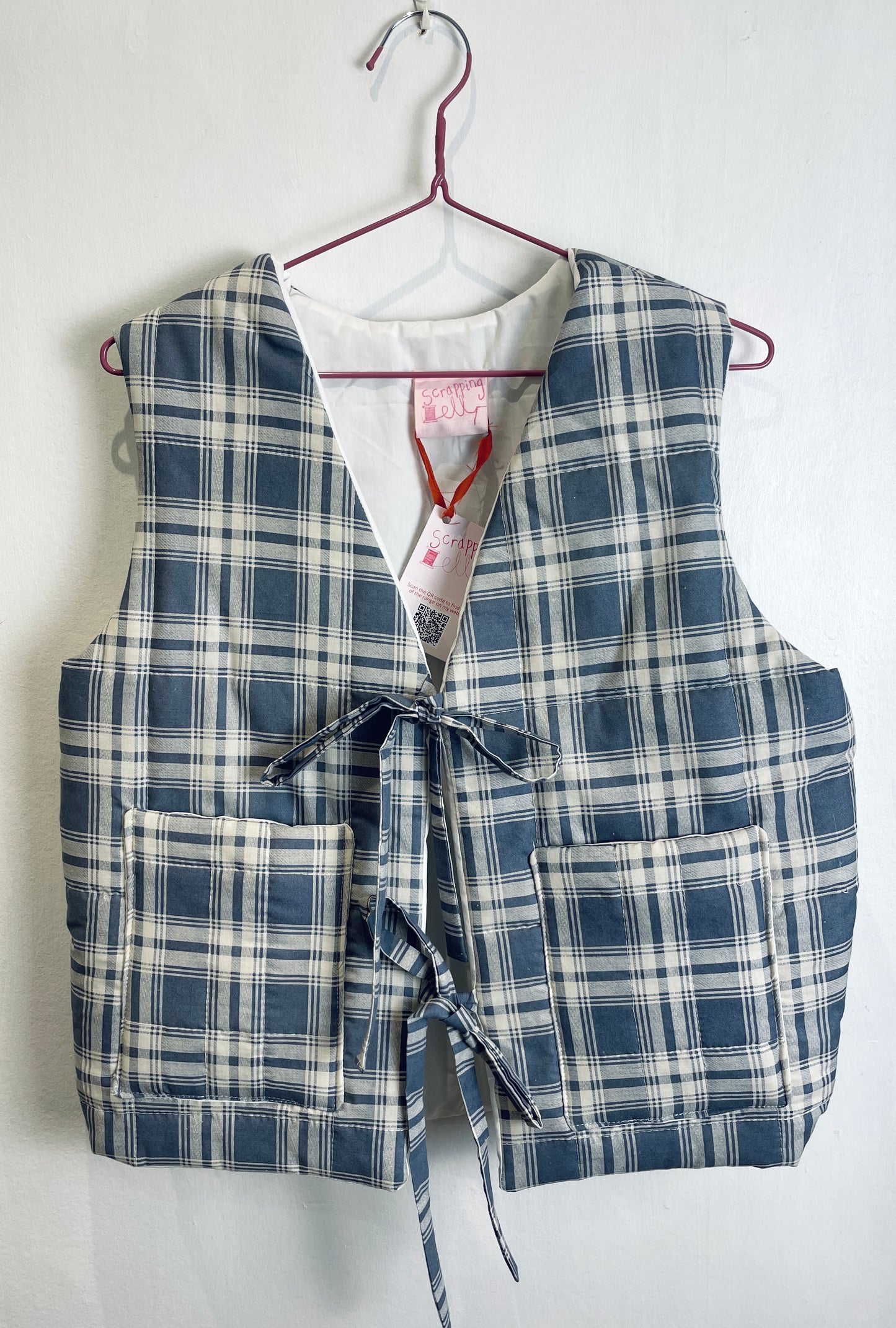 Zoe Handmade Blue Checked Tie Front Quilted Vest Gilet - Up To Size 10