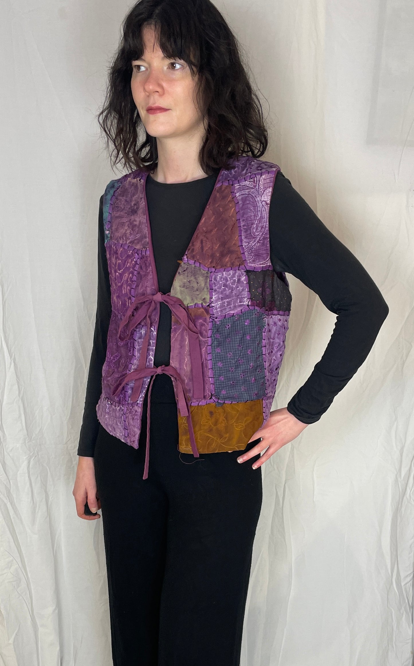 Zoe Handmade Purple Floral Patchwork Embroidered Tie Front Vest Top - Up To Size 12