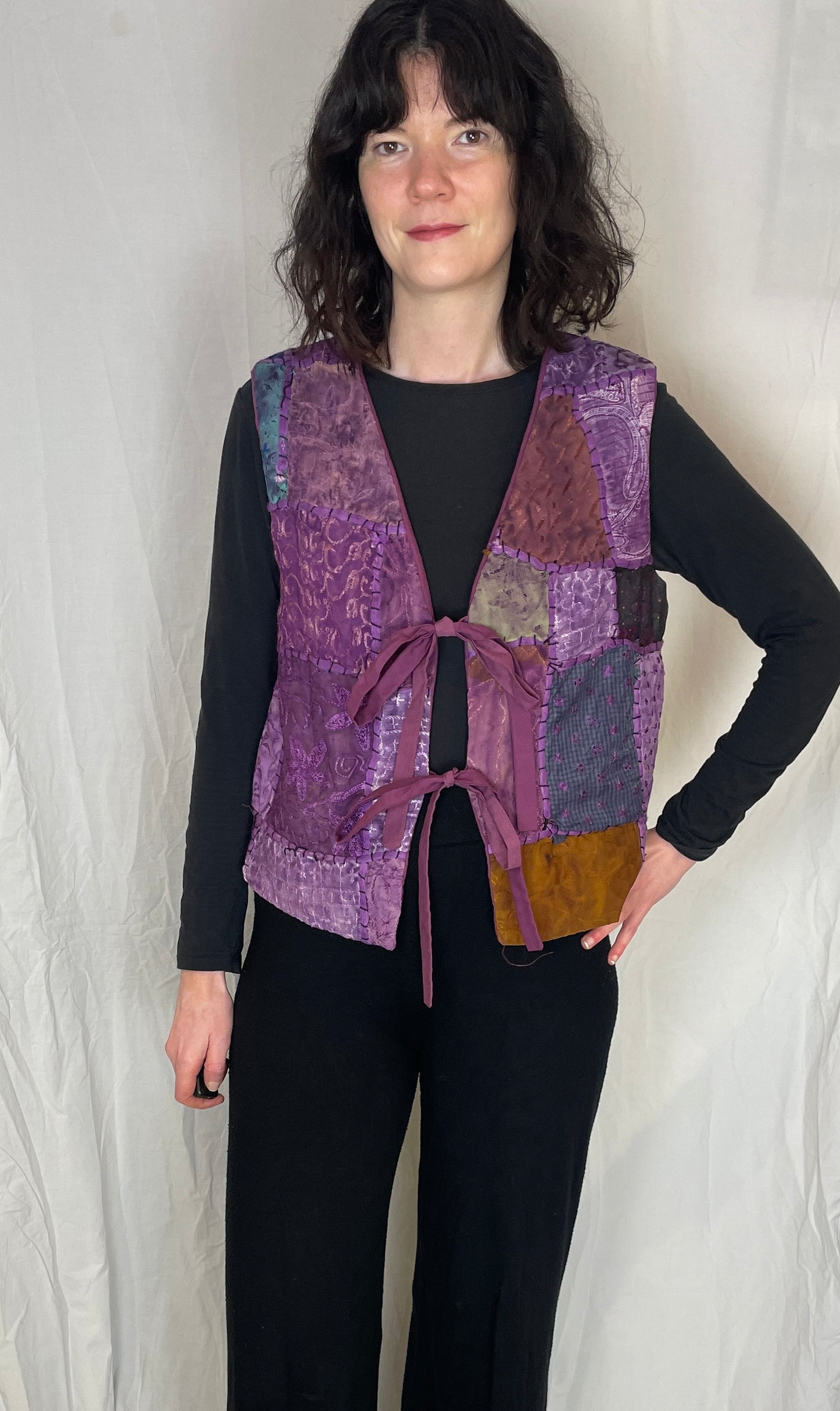 Zoe Handmade Purple Floral Patchwork Embroidered Tie Front Vest Top - Up To Size 12