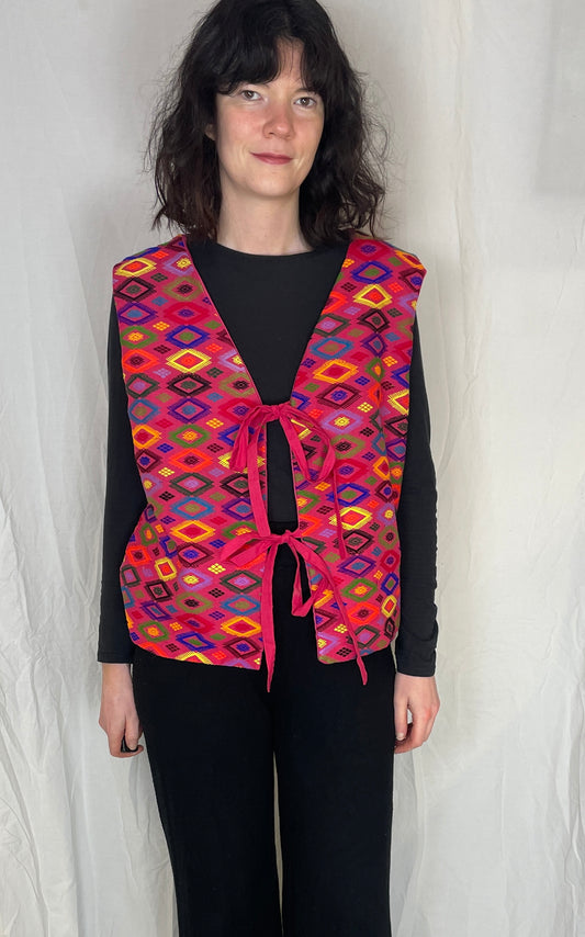 Zoe Handmade Pink Geometric Embroidered Tie Front Vest Top - Up To Size 14