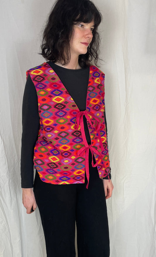 Zoe Handmade Pink Geometric Embroidered Tie Front Vest Top - Up To Size 14