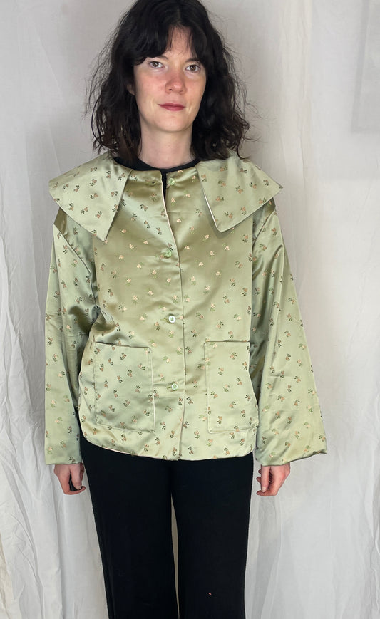 Penny Handmade Green Silk Floral Large Collared Jacket - Up To Size 14