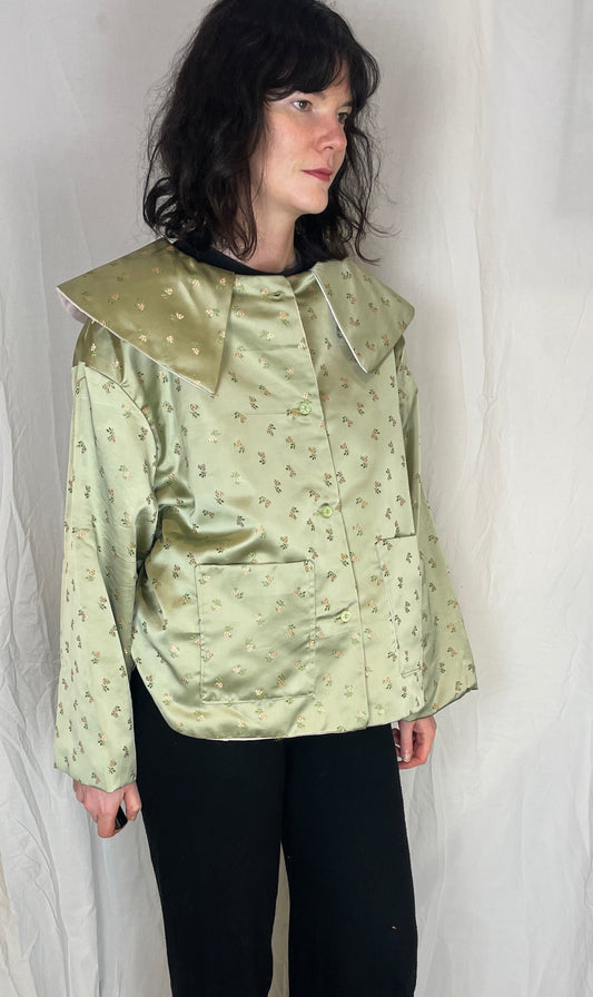 Penny Handmade Green Silk Floral Large Collared Jacket - Up To Size 14