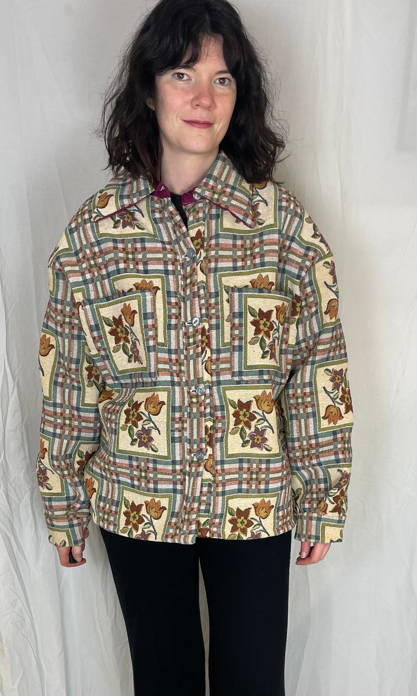 Ellen Handmade Blue Floral Checked Shirt Jacket - Up To Size 16