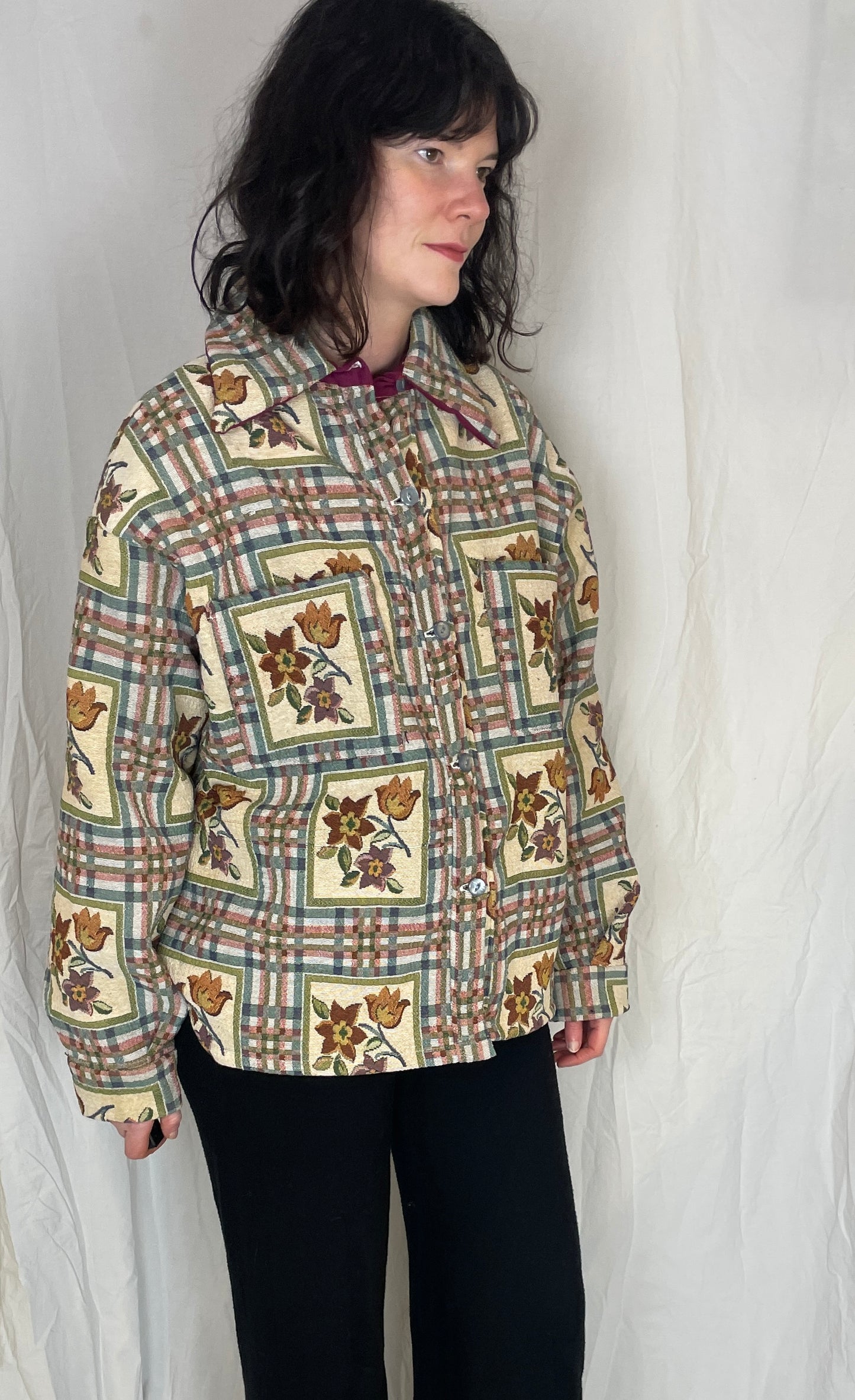 Ellen Handmade Blue Floral Checked Shirt Jacket - Up To Size 16