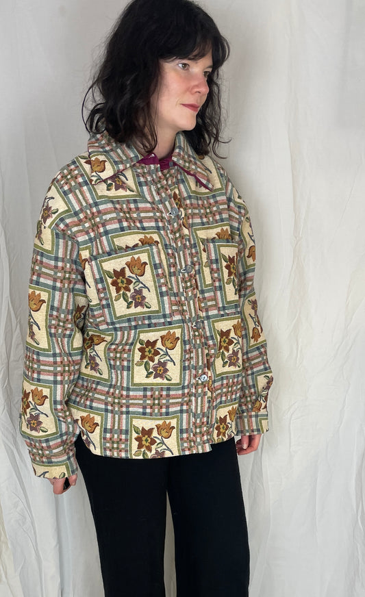 Ellen Handmade Blue Floral Checked Shirt Jacket - Up To Size 16