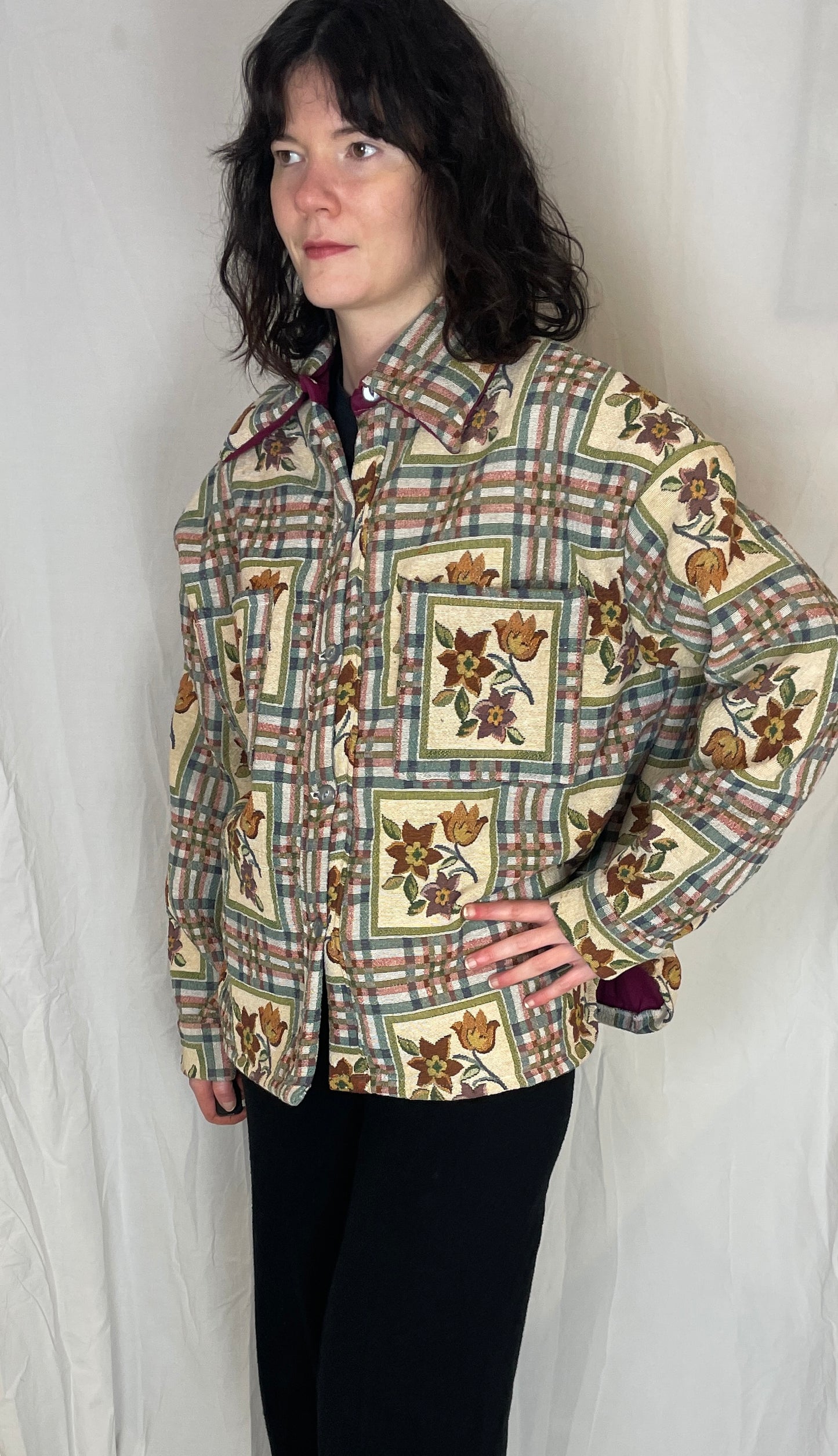 Ellen Handmade Blue Floral Checked Shirt Jacket - Up To Size 16