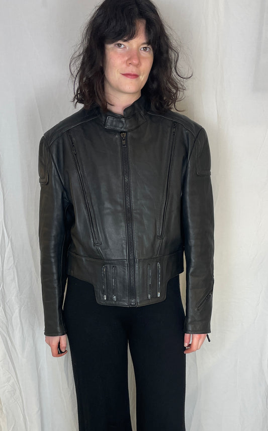 Vintage 90s Womens Black Leather Motorcycle Jacket - Up To Size 10