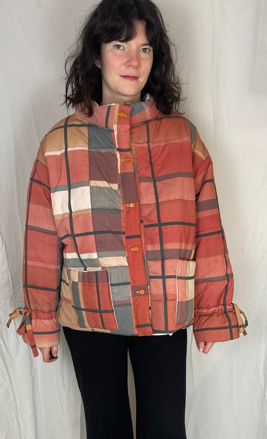 Handmade Orange Checked High Neck Quilted Puffer Jacket - Up To Size 14