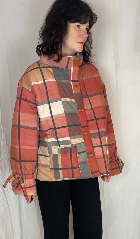 Handmade Orange Checked High Neck Quilted Puffer Jacket - Up To Size 14