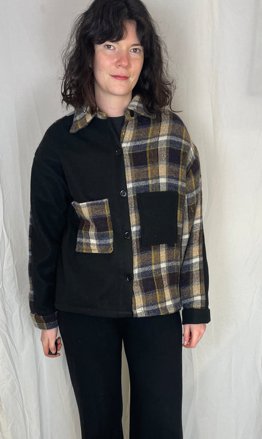 Ellen Handmade Brown Checked Patchwork Wool Shirt Jacket - Up To Size 14