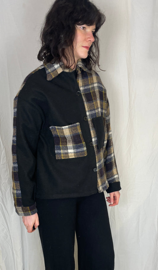 Ellen Handmade Brown Checked Patchwork Wool Shirt Jacket - Up To Size 14