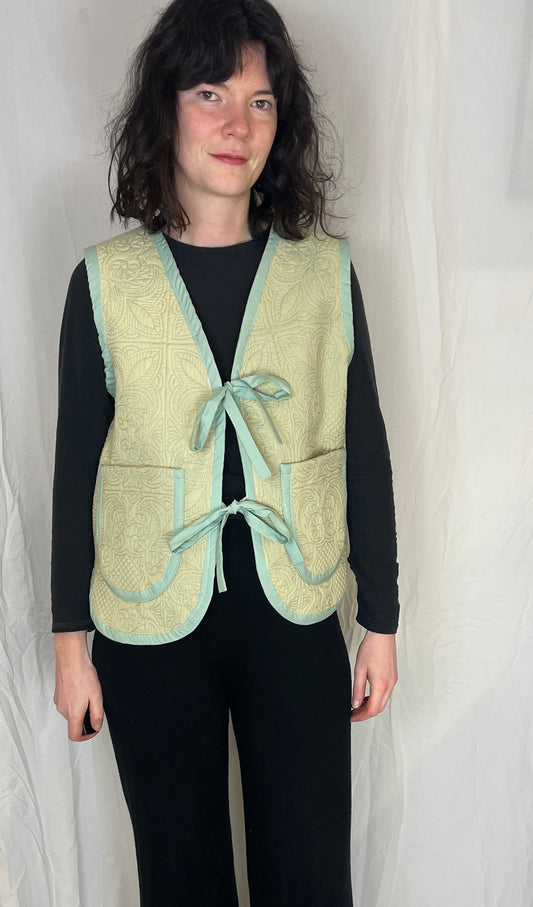 Zoe Handmade Green Floral Textured Tie Front Quilted Vest Gilet - Up To Size 14