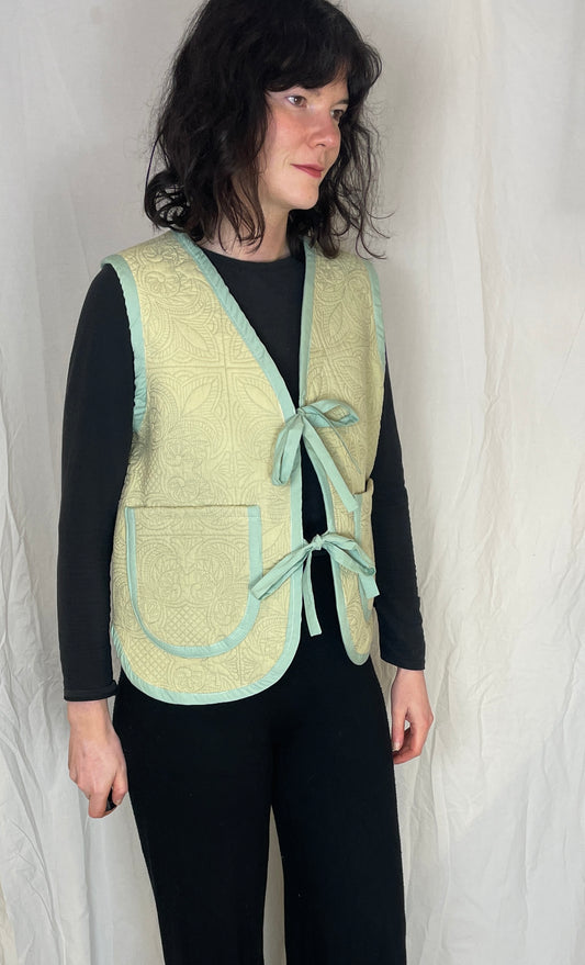 Zoe Handmade Green Floral Textured Tie Front Quilted Vest Gilet - Up To Size 14