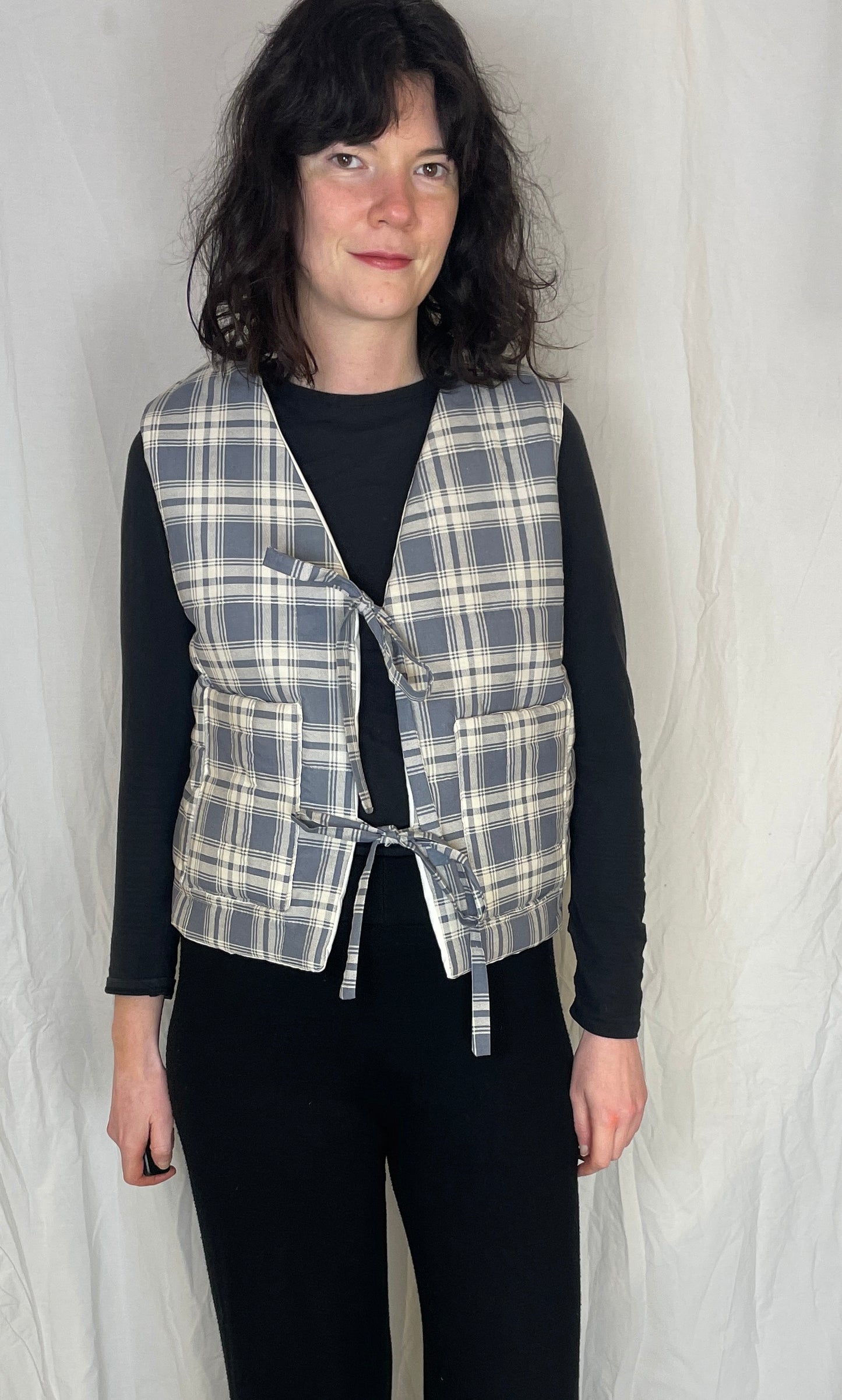Zoe Handmade Blue Checked Tie Front Quilted Vest Gilet - Up To Size 10