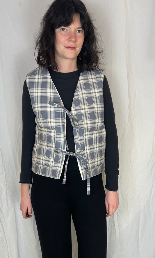 Zoe Handmade Blue Checked Tie Front Quilted Vest Gilet - Up To Size 10