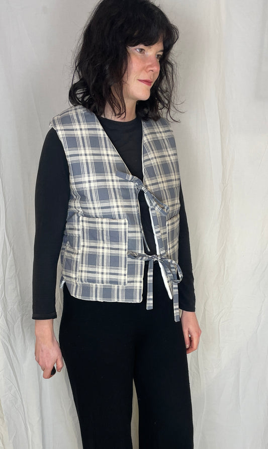 Zoe Handmade Blue Checked Tie Front Quilted Vest Gilet - Up To Size 10