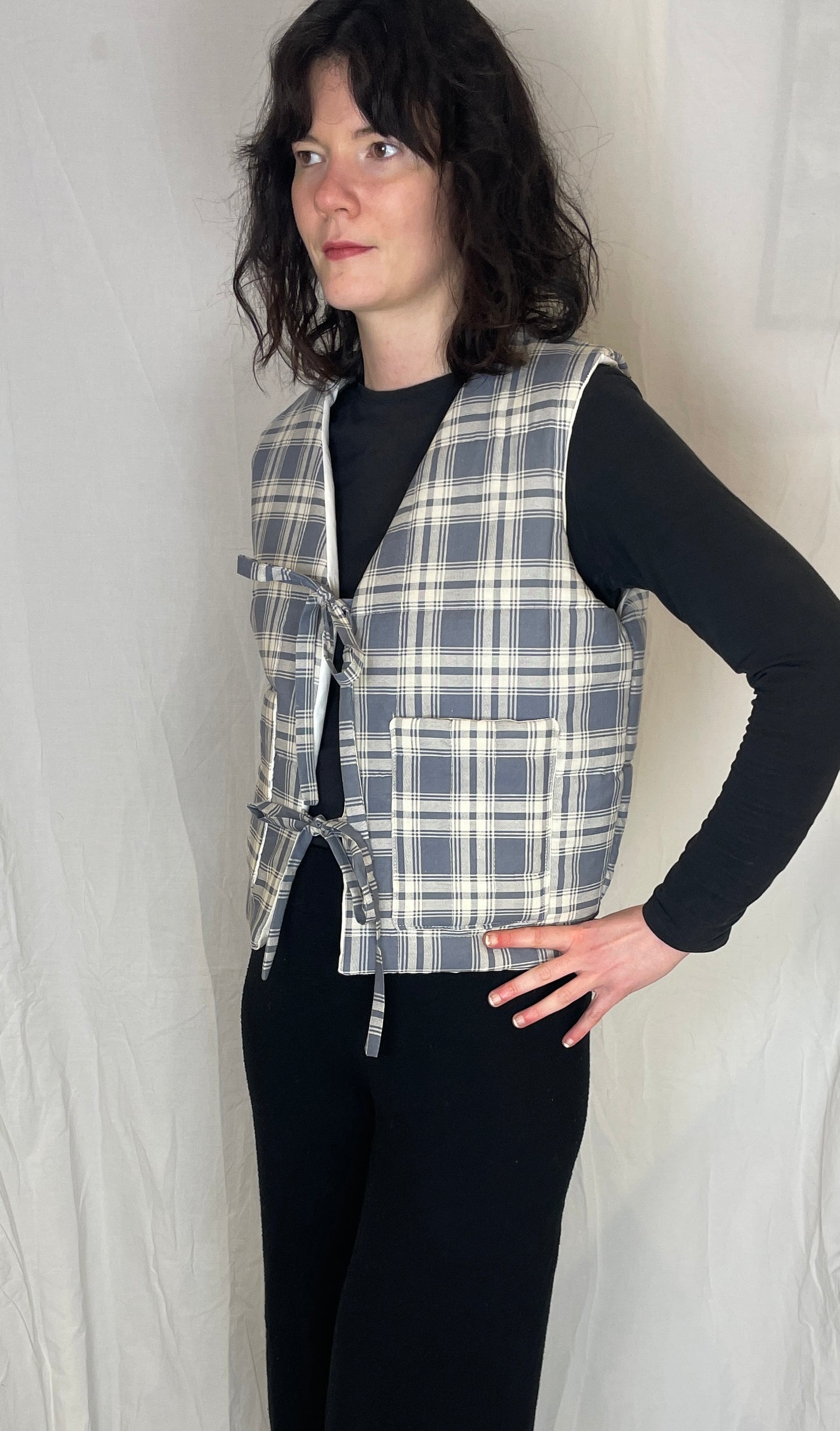 Zoe Handmade Blue Checked Tie Front Quilted Vest Gilet - Up To Size 10