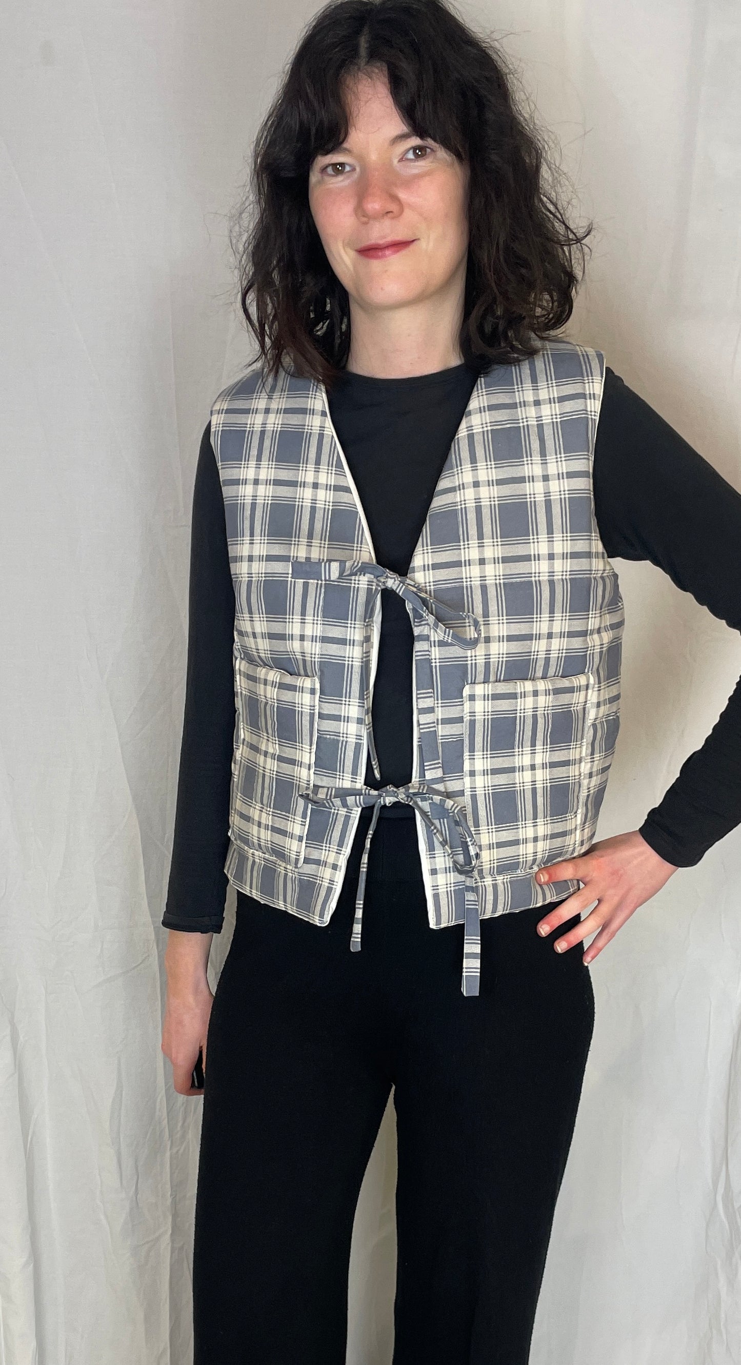 Zoe Handmade Blue Checked Tie Front Quilted Vest Gilet - Up To Size 10