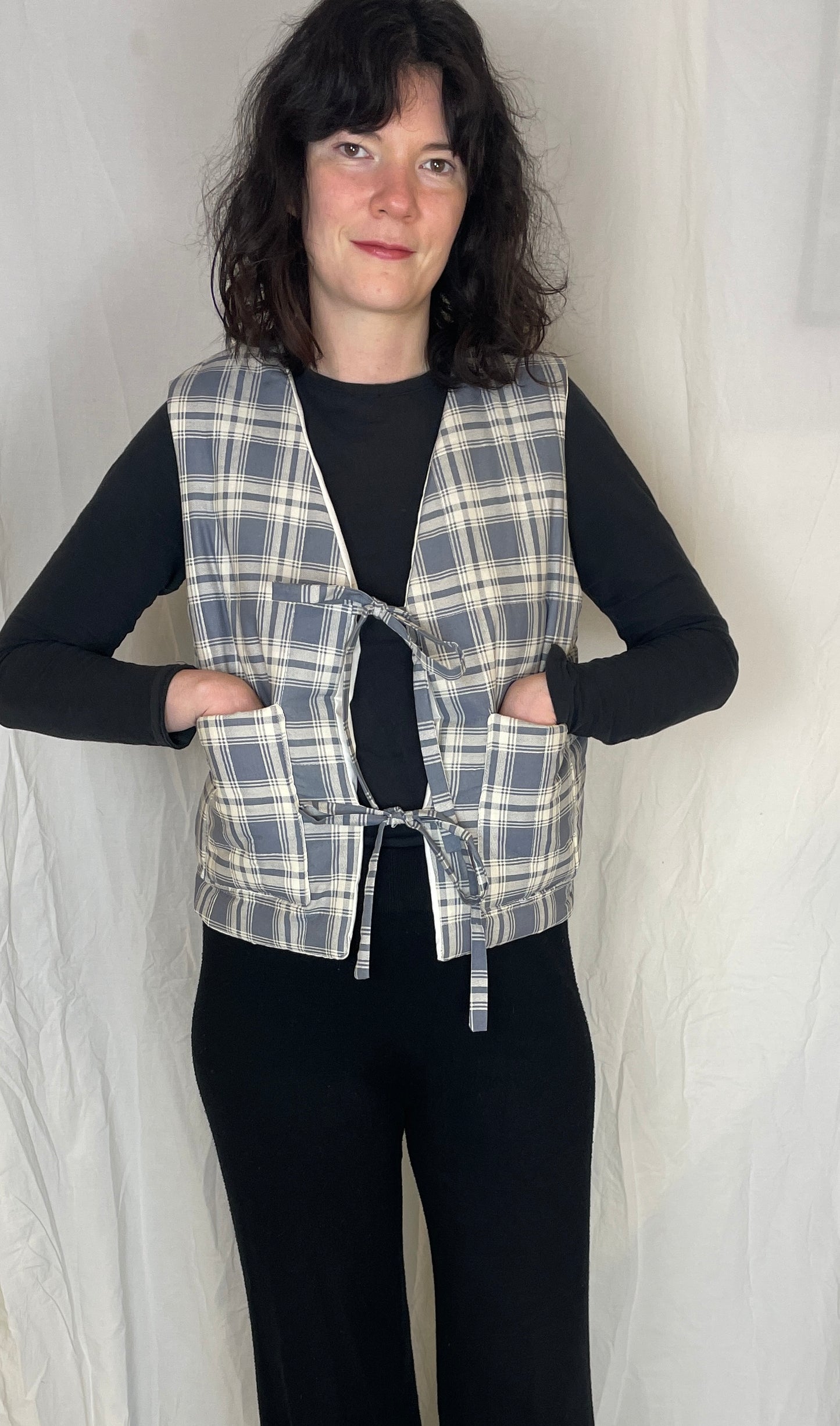 Zoe Handmade Blue Checked Tie Front Quilted Vest Gilet - Up To Size 10