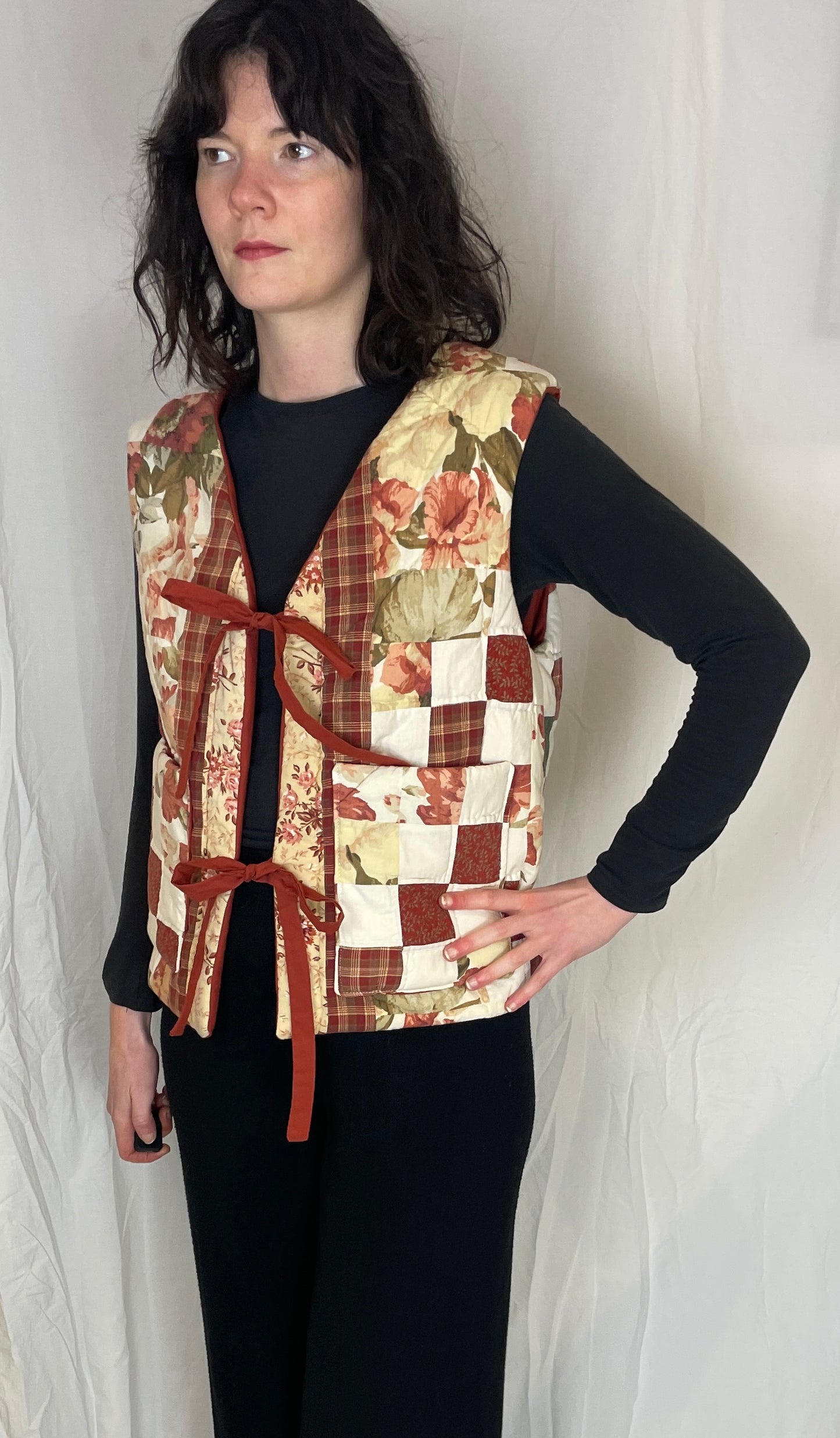 Zoe Handmade Red Floral Patchwork Tie Front Quilted Vest Gilet - Up To Size 12