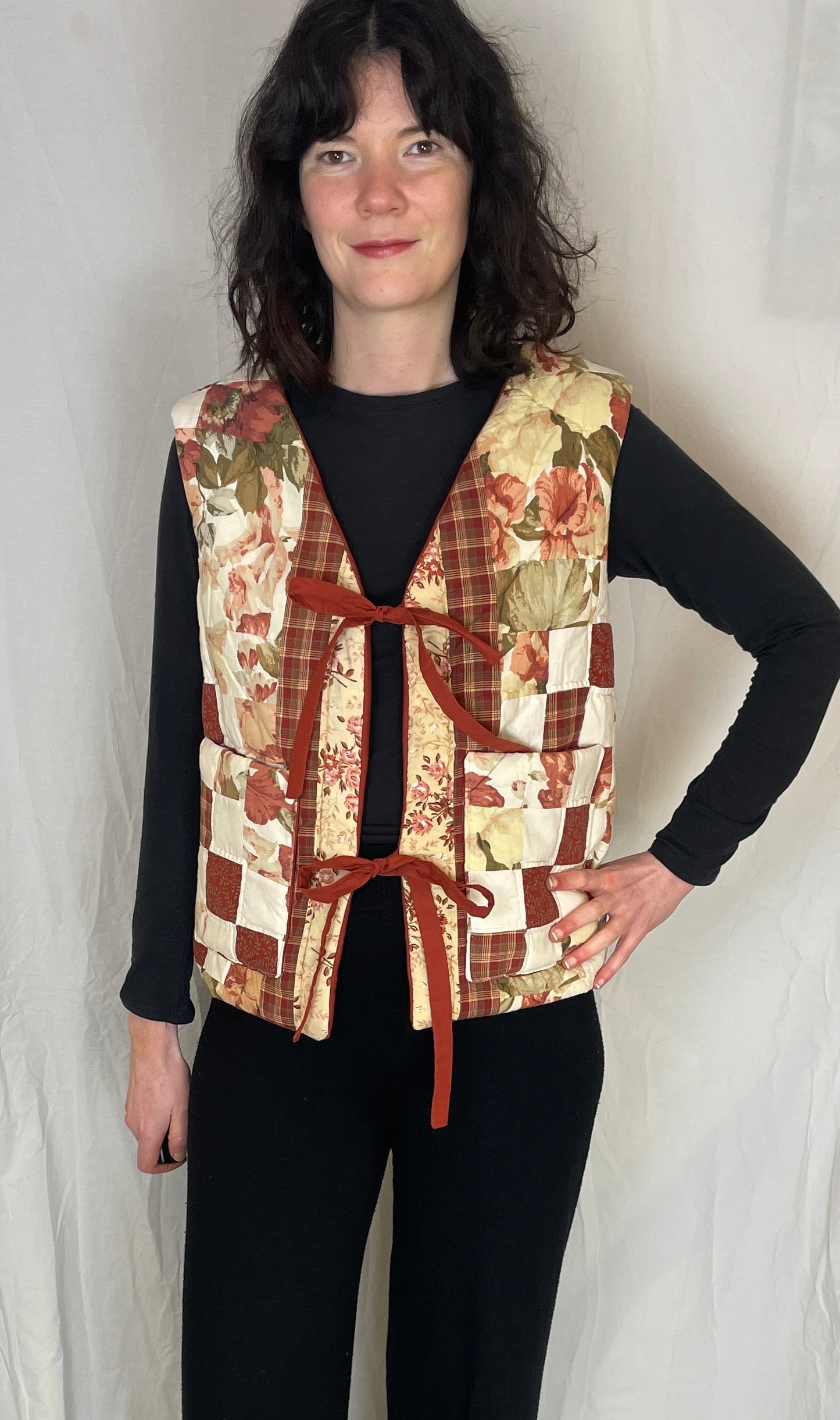 Zoe Handmade Red Floral Patchwork Tie Front Quilted Vest Gilet - Up To Size 12