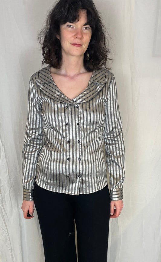 Vintage 80s Silver Striped Fitted Chelsea Collar Shirt - Up To Size 10