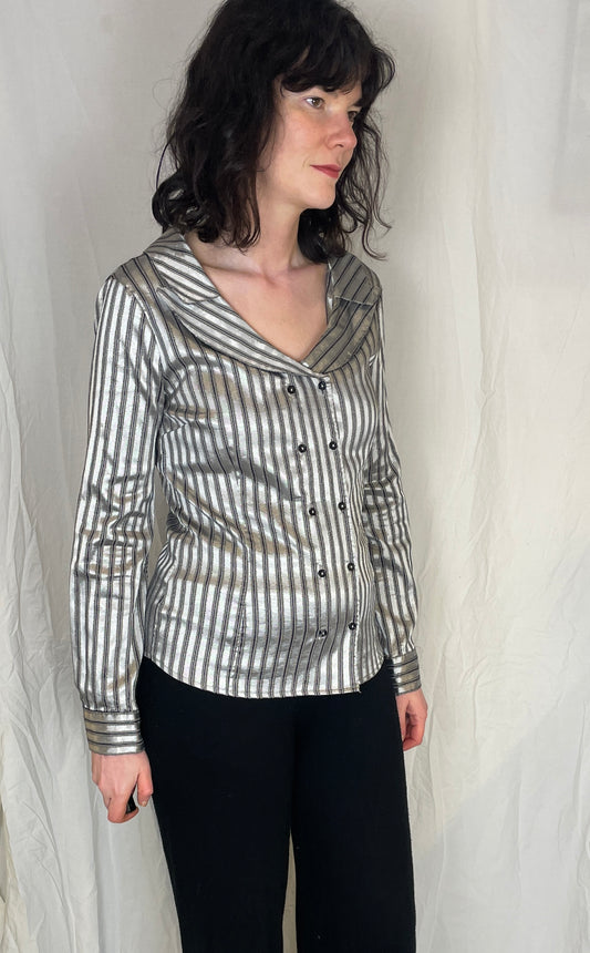 Vintage 80s Silver Striped Fitted Chelsea Collar Shirt - Up To Size 10