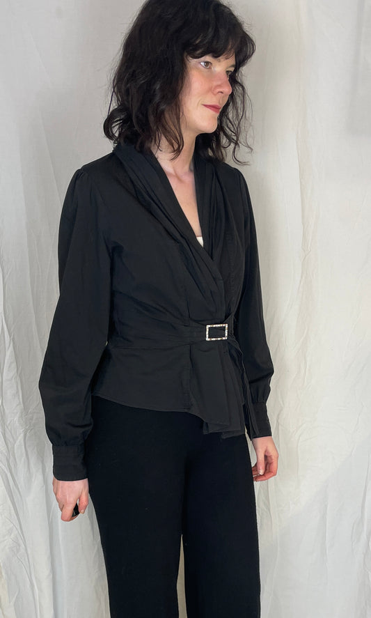 Vintage 90s Black Pleated Waist Blouse with Diamante Belt - Up To Size 12