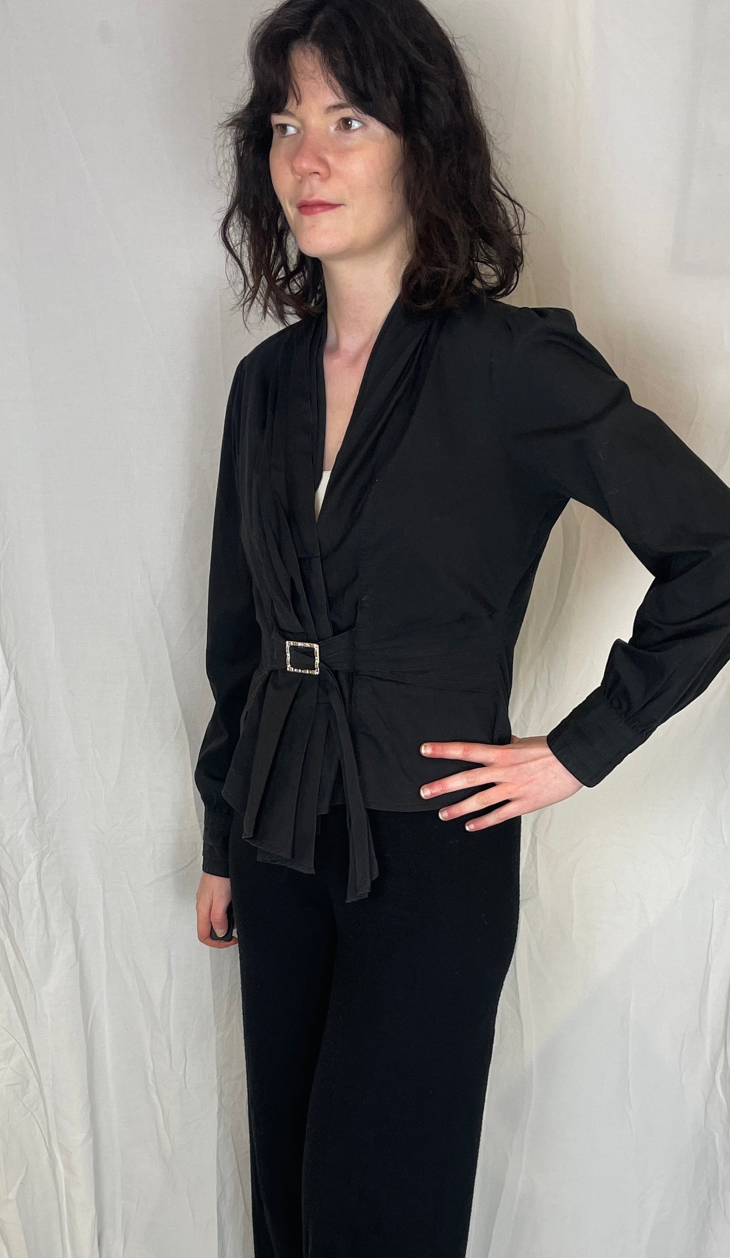 Vintage 90s Black Pleated Waist Blouse with Diamante Belt - Up To Size 12