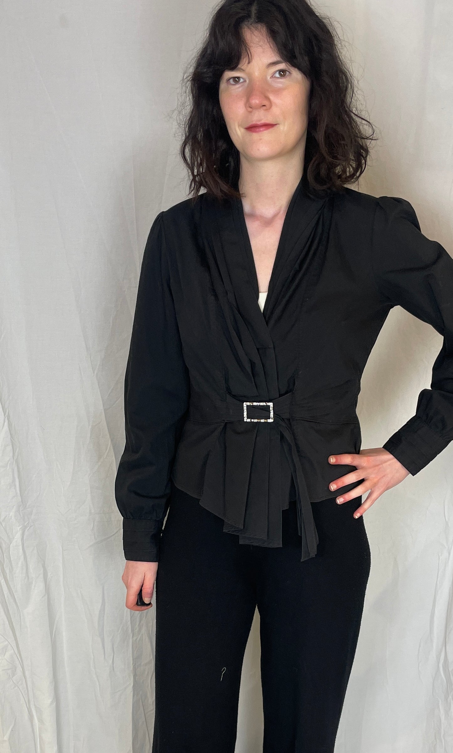 Vintage 90s Black Pleated Waist Blouse with Diamante Belt - Up To Size 12
