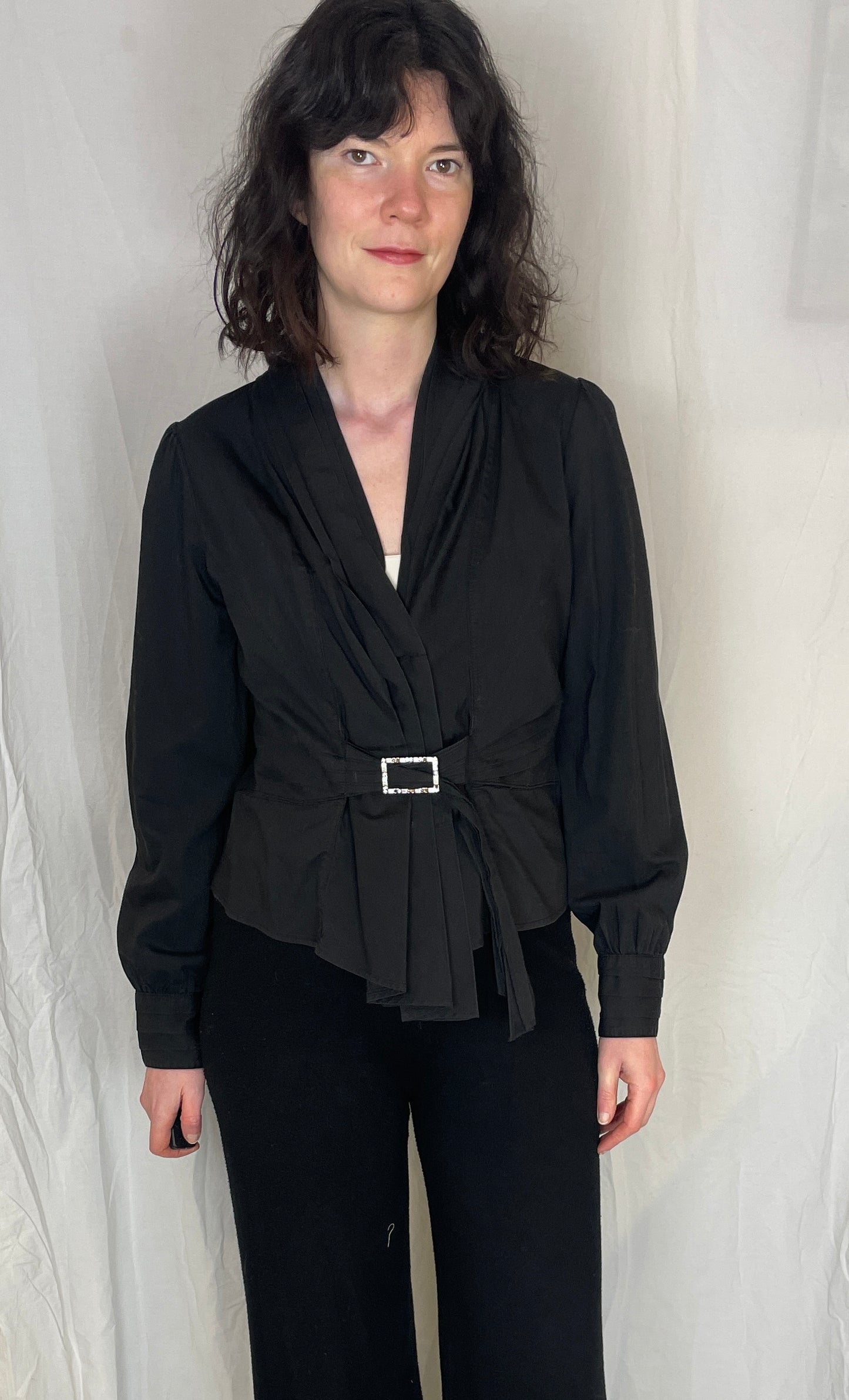 Vintage 90s Black Pleated Waist Blouse with Diamante Belt - Up To Size 12