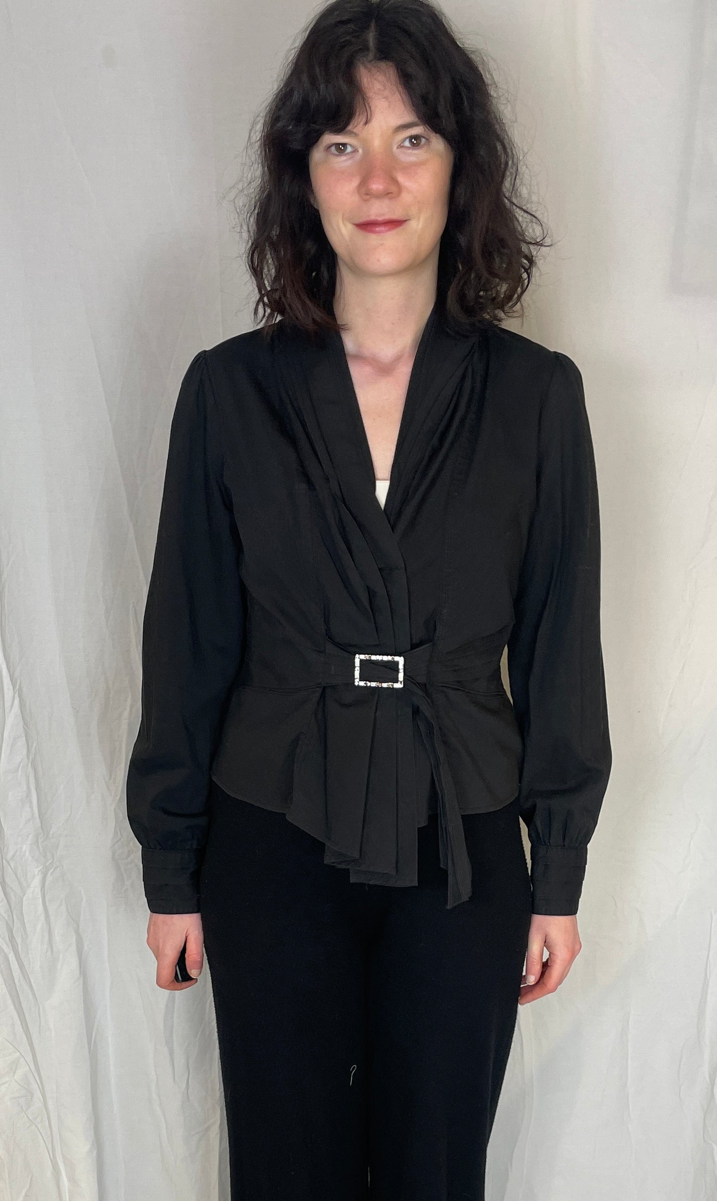 Vintage 90s Black Pleated Waist Blouse with Diamante Belt - Up To Size 12