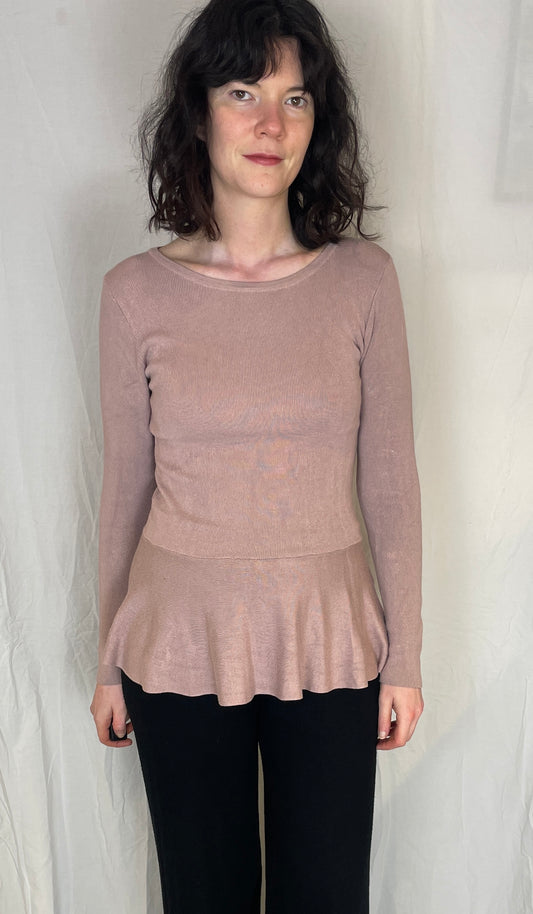 Vintage Y2K Pink Knitted Peplum Waist Top with Tie Back Ribbons - Up To Size 10