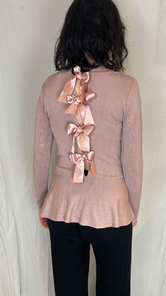 Vintage Y2K Pink Knitted Peplum Waist Top with Tie Back Ribbons - Up To Size 10