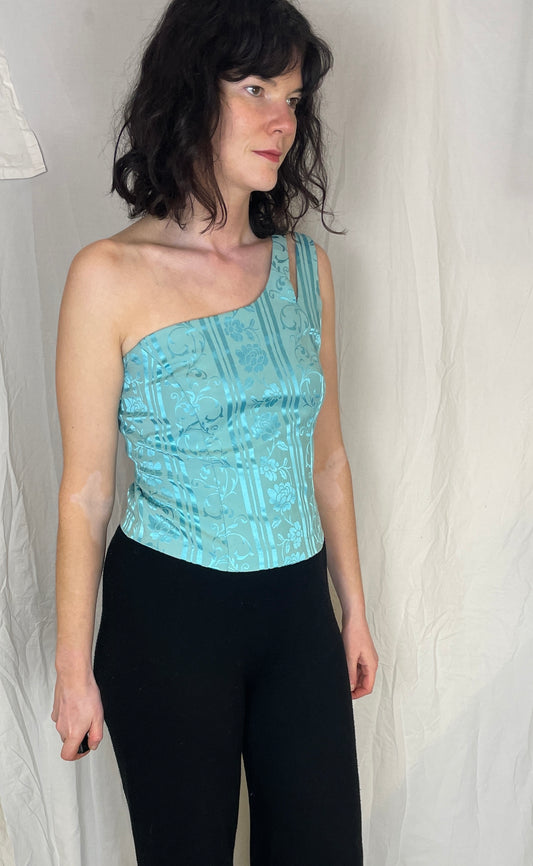 Vintage Y2K Blue Floral Satin One Shoulder Crop Top - Up To Size 12