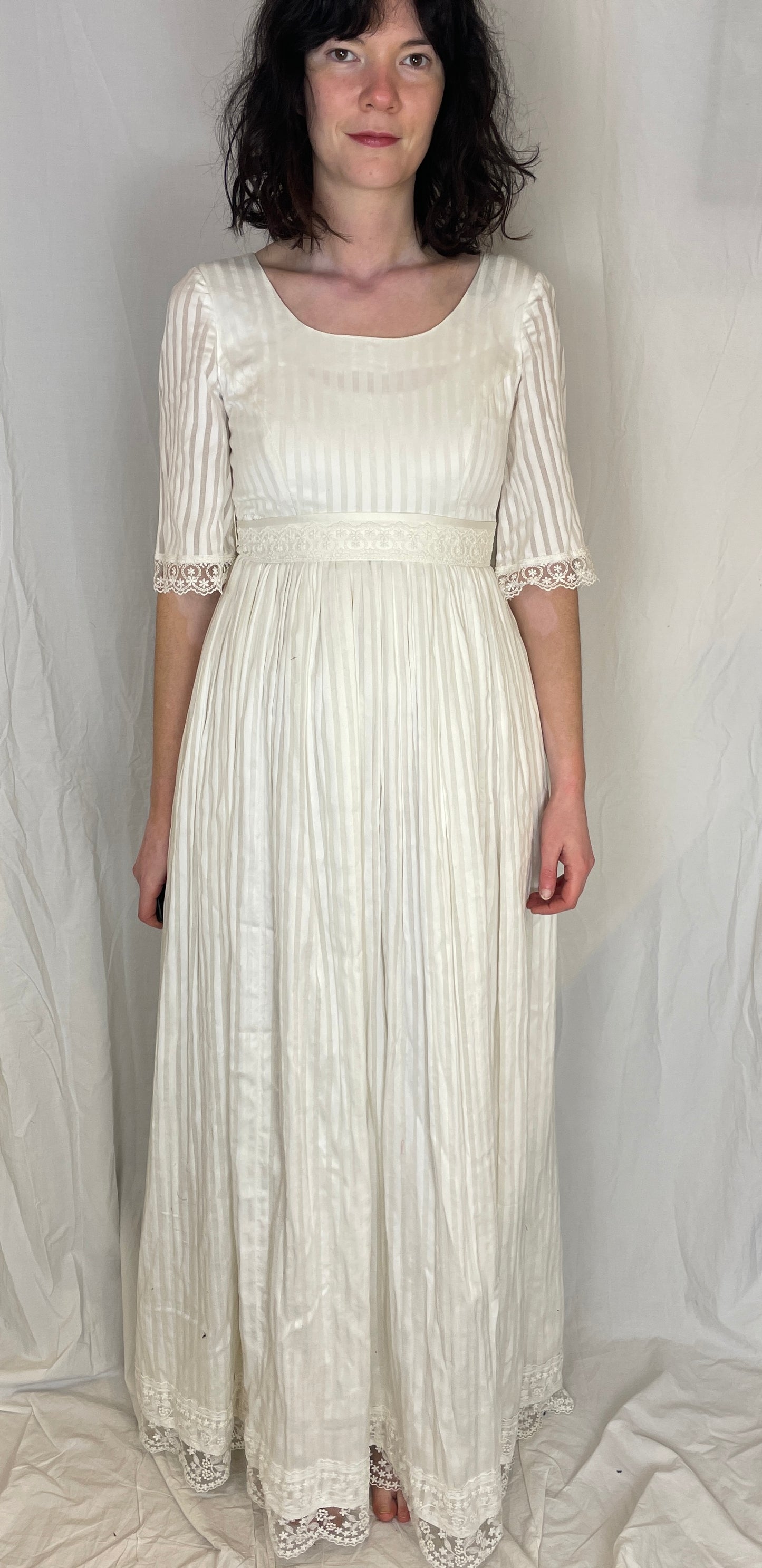 Vintage 80s White Striped Lace Trim Gathered Waist Maxi Dress - Up To Size 10