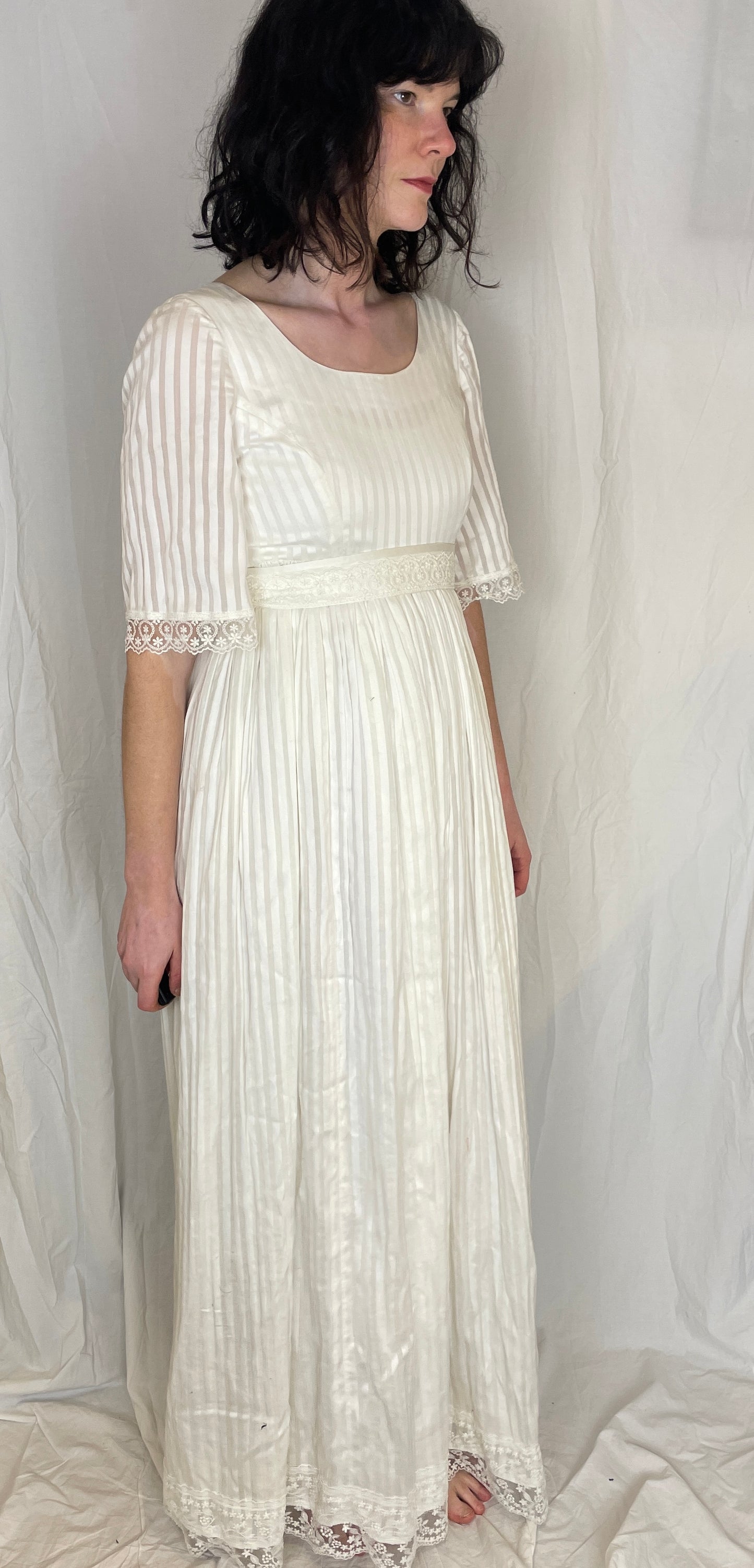 Vintage 80s White Striped Lace Trim Gathered Waist Maxi Dress - Up To Size 10