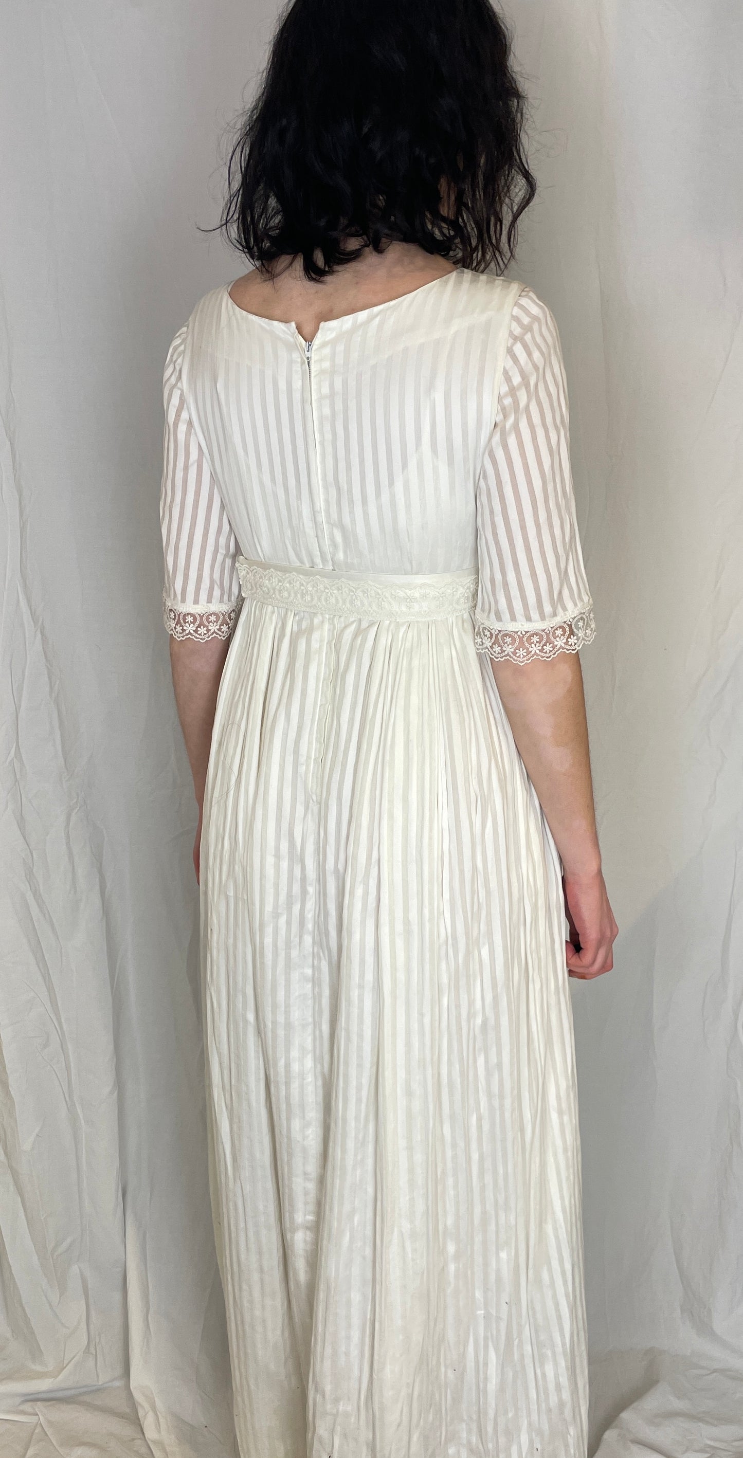 Vintage 80s White Striped Lace Trim Gathered Waist Maxi Dress - Up To Size 10