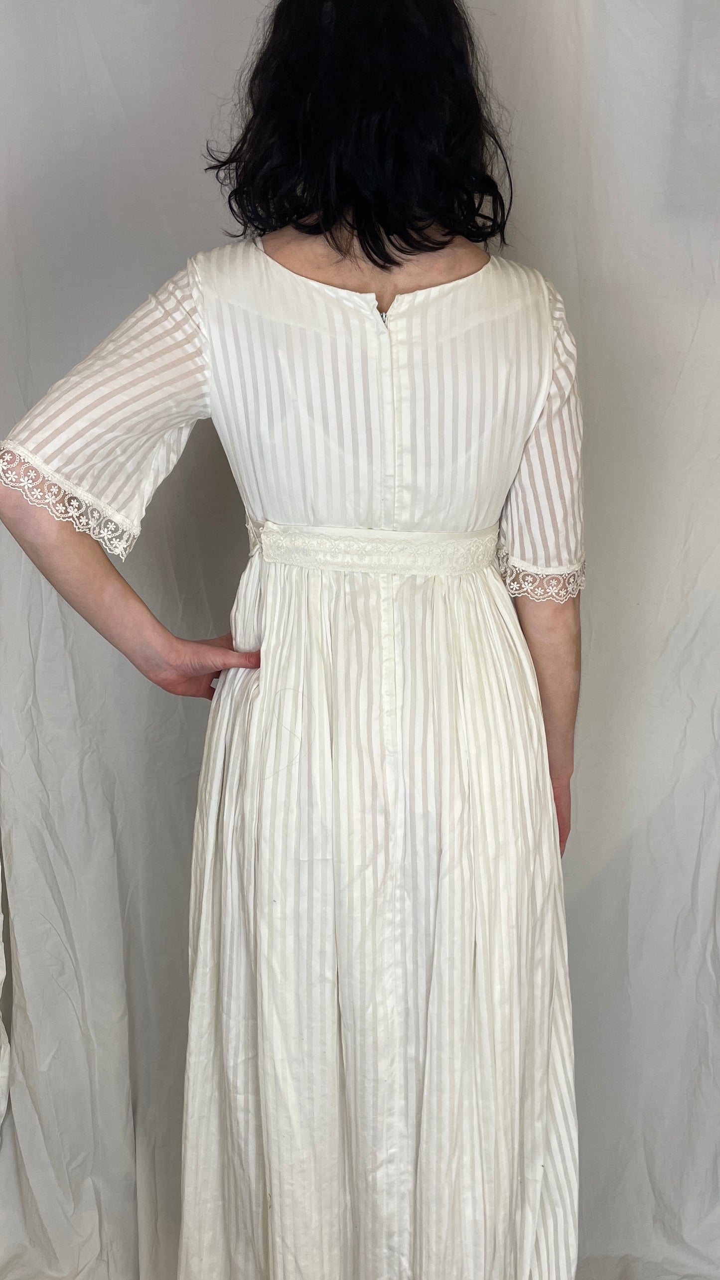 Vintage 80s White Striped Lace Trim Gathered Waist Maxi Dress - Up To Size 10