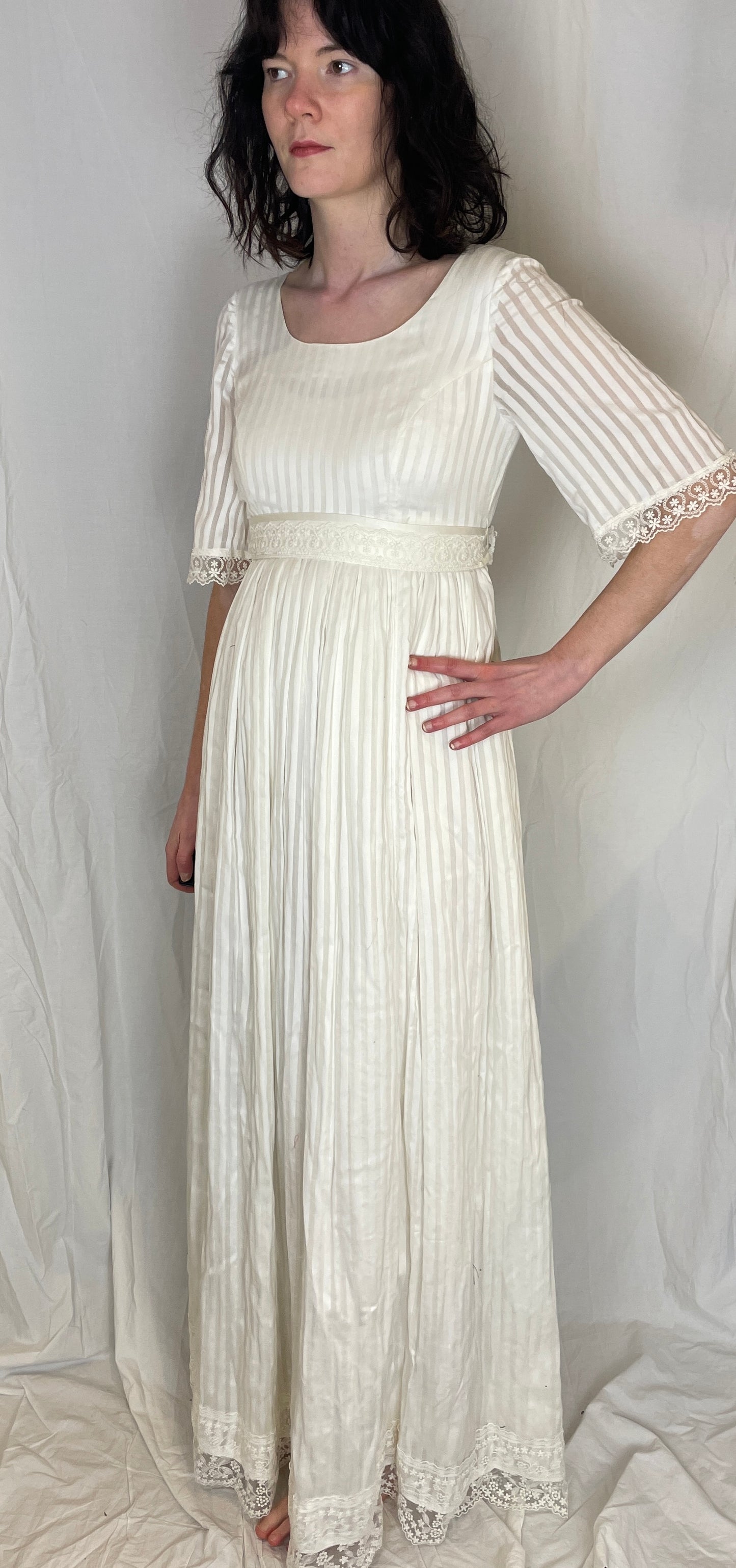 Vintage 80s White Striped Lace Trim Gathered Waist Maxi Dress - Up To Size 10