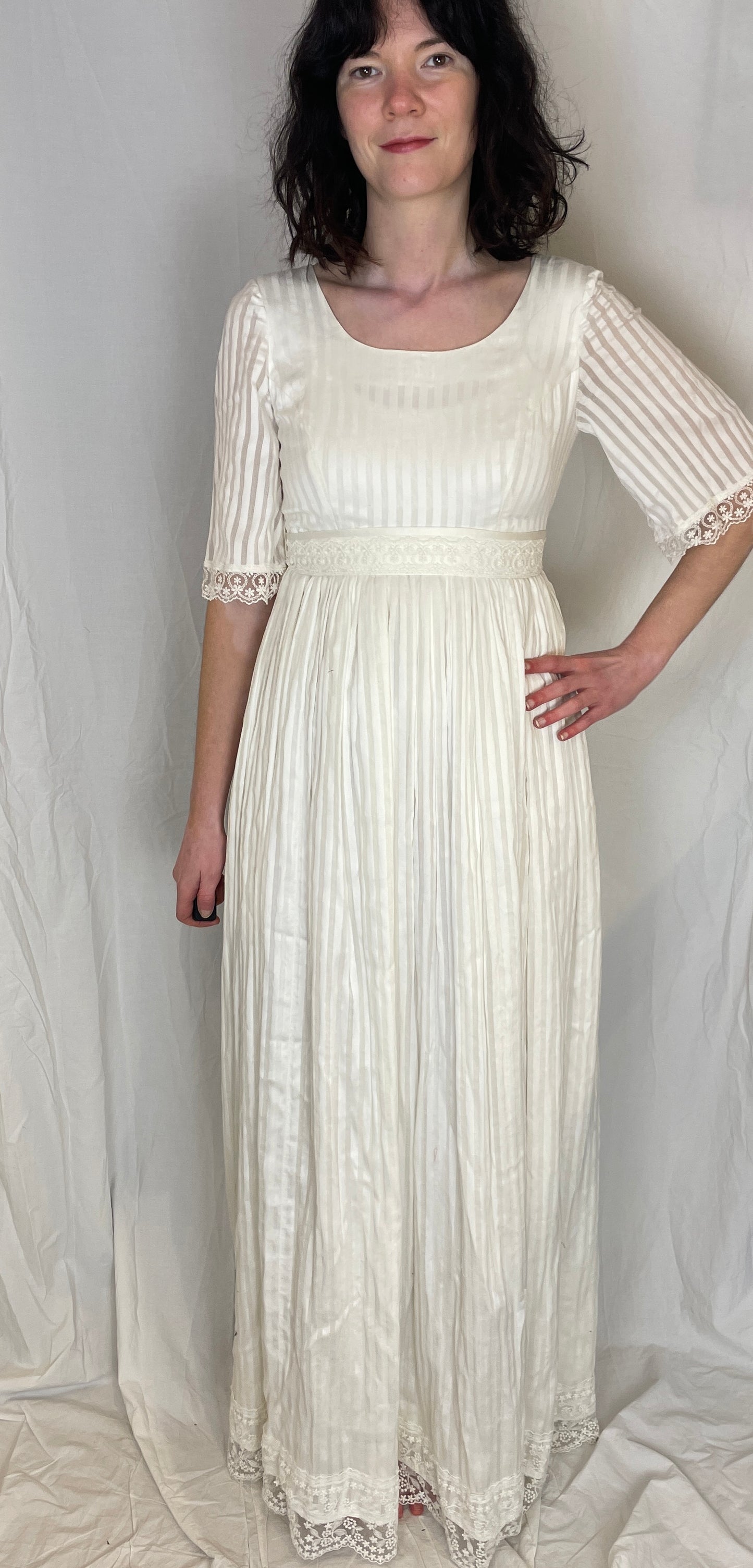 Vintage 80s White Striped Lace Trim Gathered Waist Maxi Dress - Up To Size 10