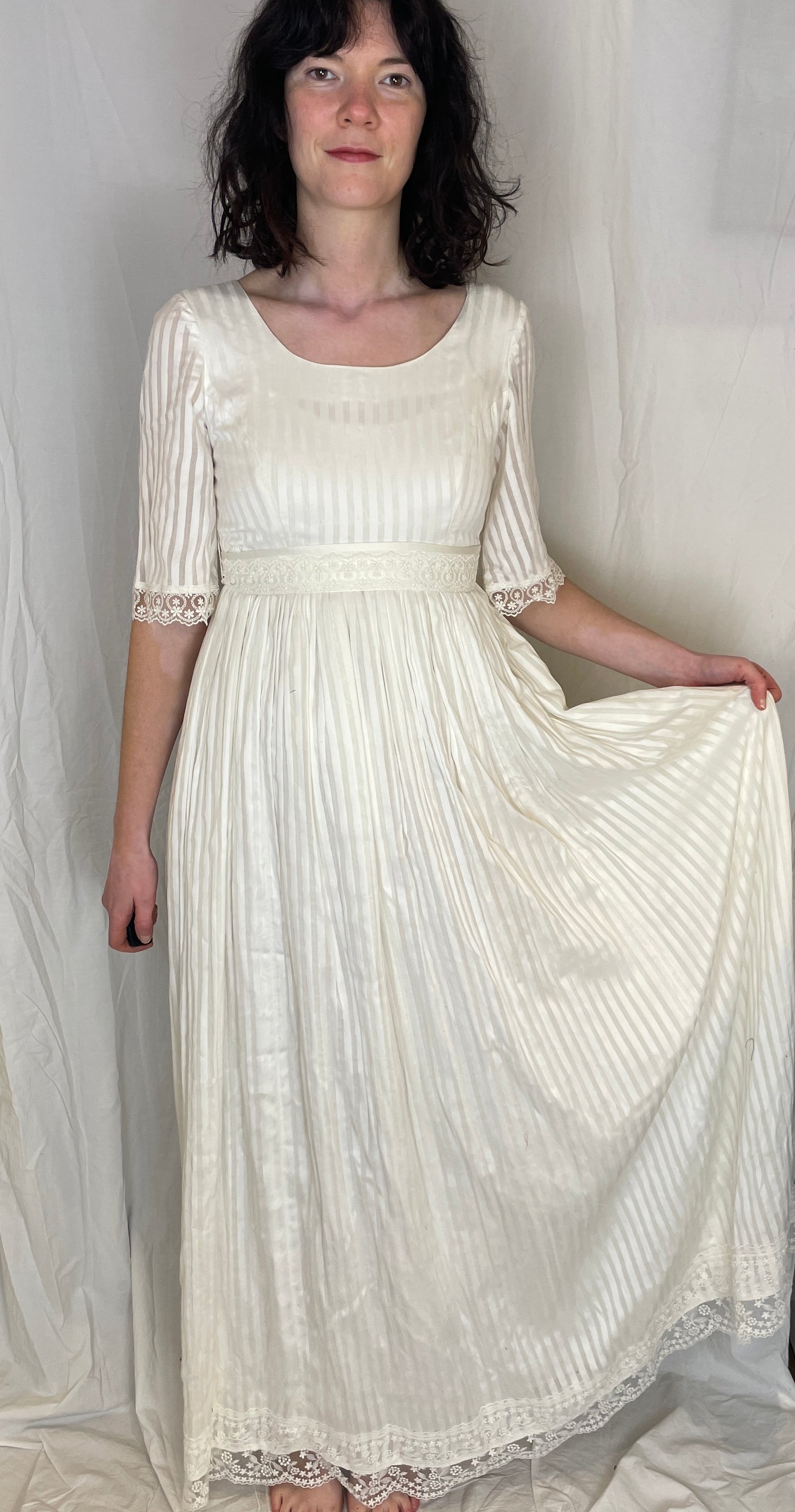 Vintage 80s White Striped Lace Trim Gathered Waist Maxi Dress - Up To Size 10