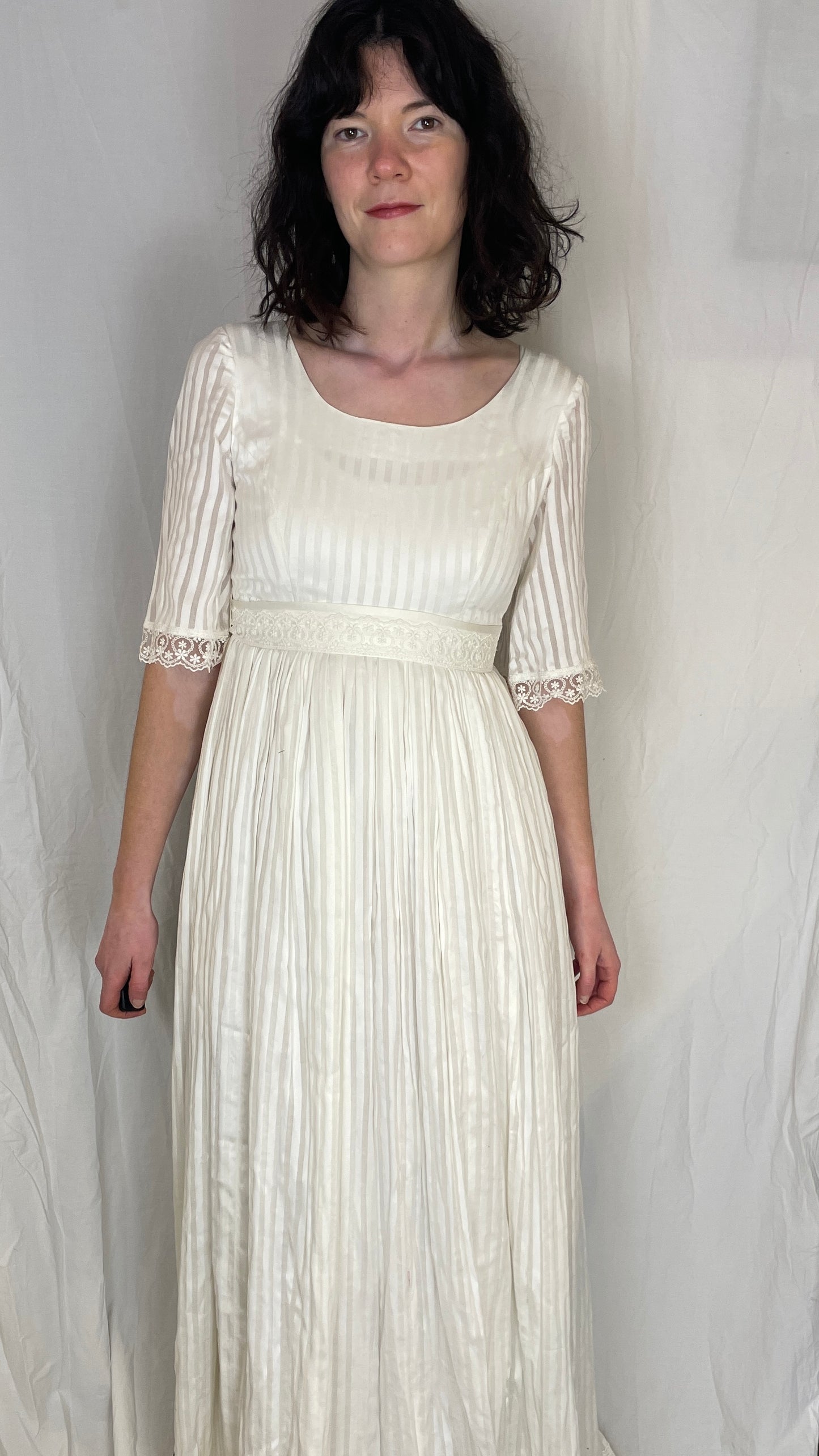 Vintage 80s White Striped Lace Trim Gathered Waist Maxi Dress - Up To Size 10