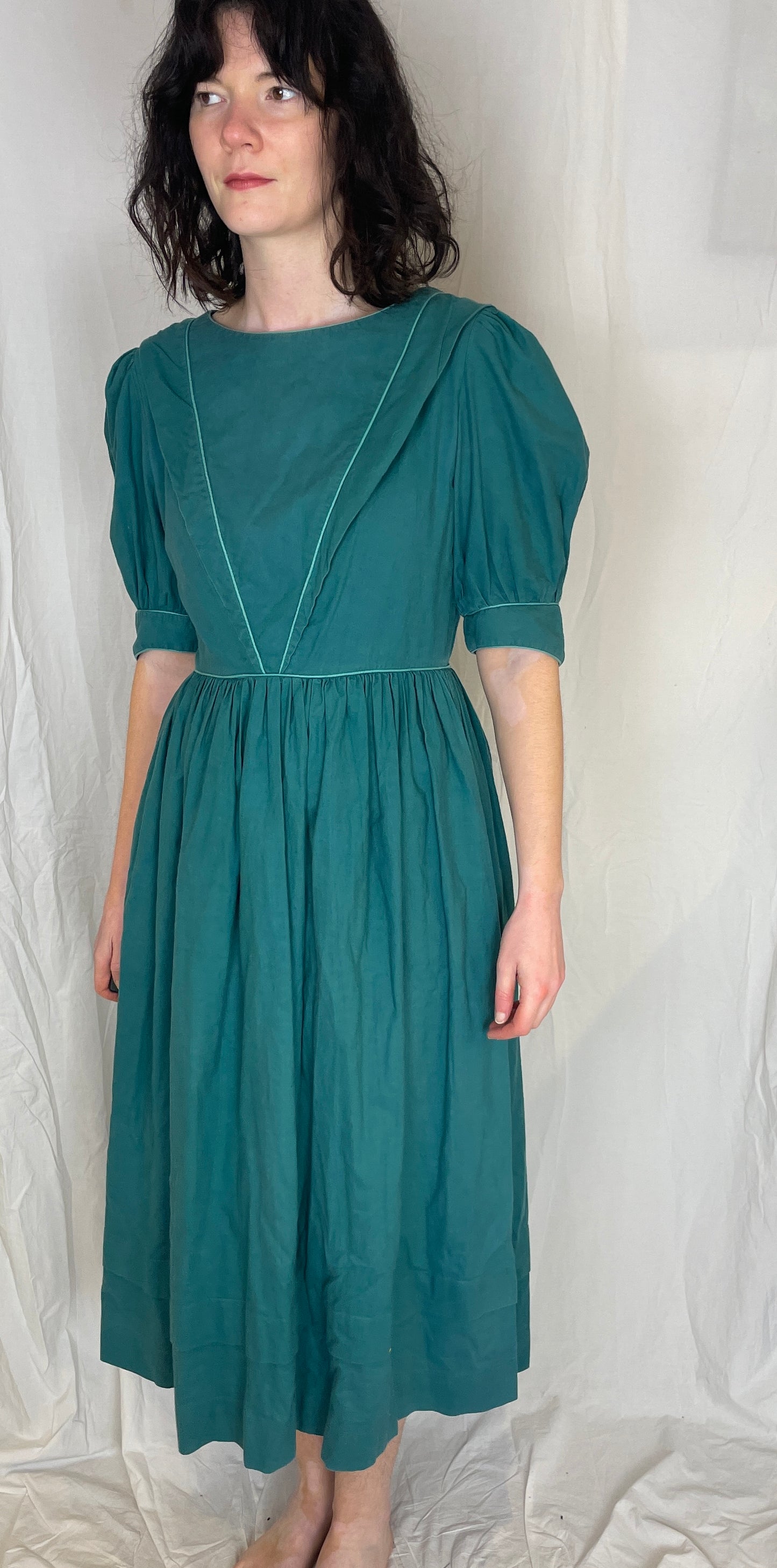 Vintage 80s Laura Ashley Green Cotton Midi Dress with Matching Jacket - Up To Size 10