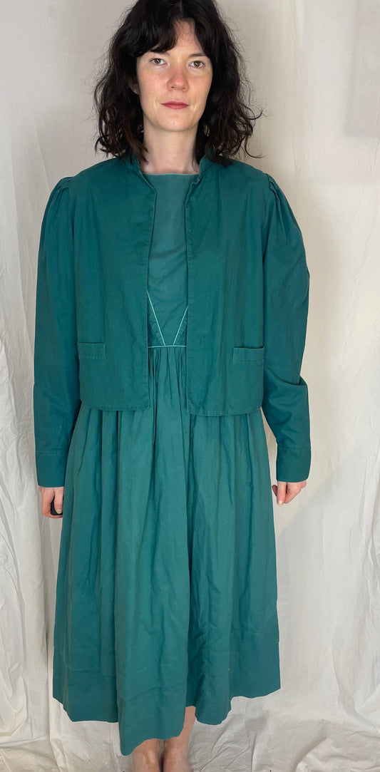 Vintage 80s Laura Ashley Green Cotton Midi Dress with Matching Jacket - Up To Size 10