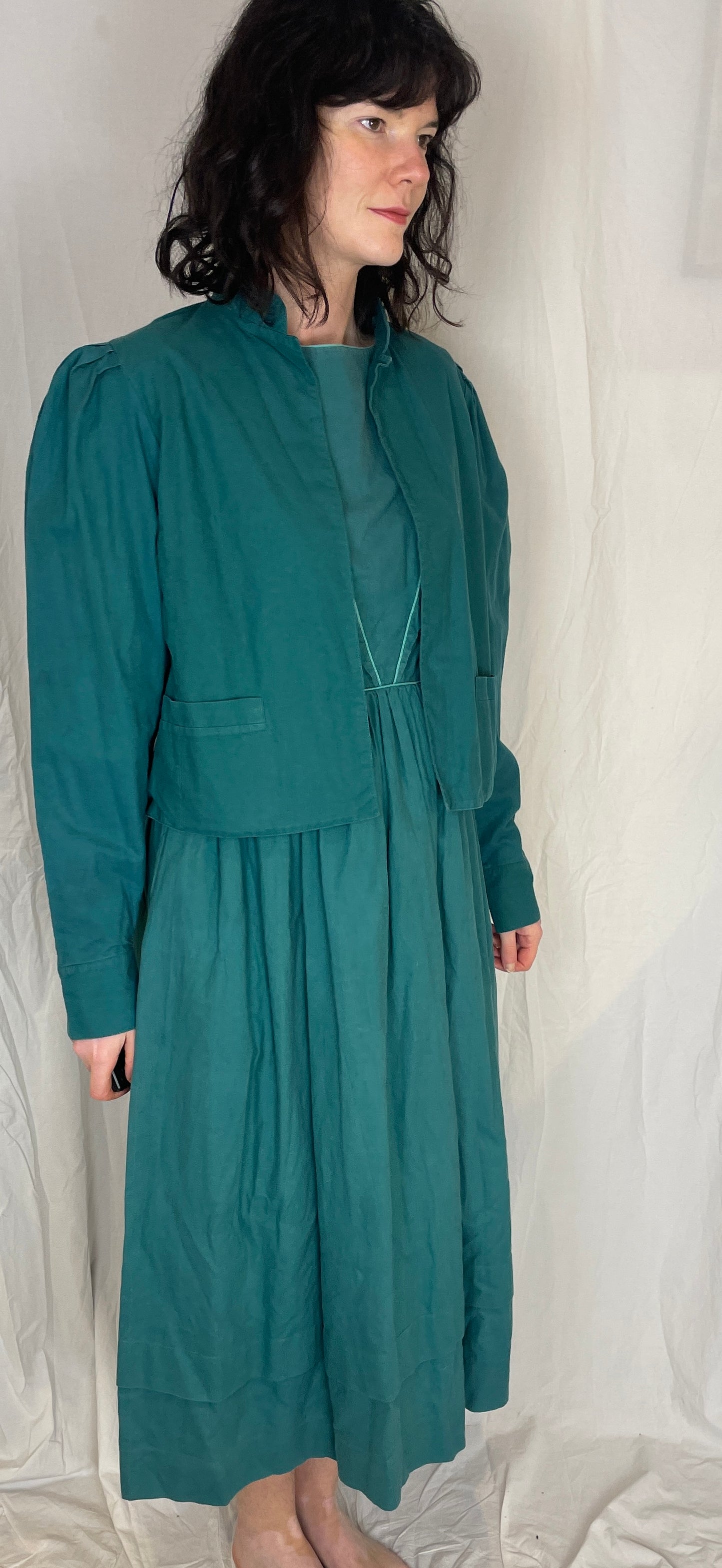 Vintage 80s Laura Ashley Green Cotton Midi Dress with Matching Jacket - Up To Size 10