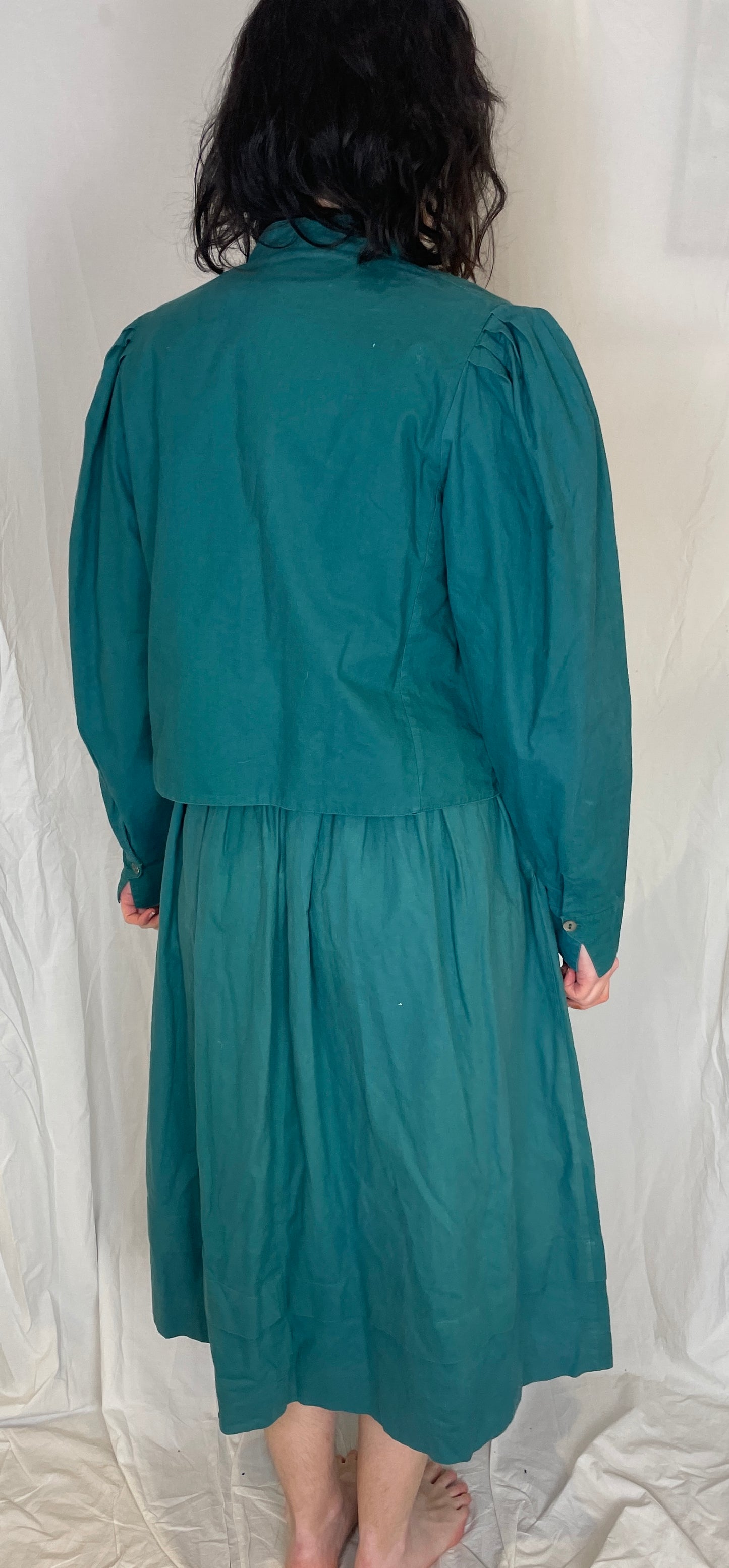 Vintage 80s Laura Ashley Green Cotton Midi Dress with Matching Jacket - Up To Size 10